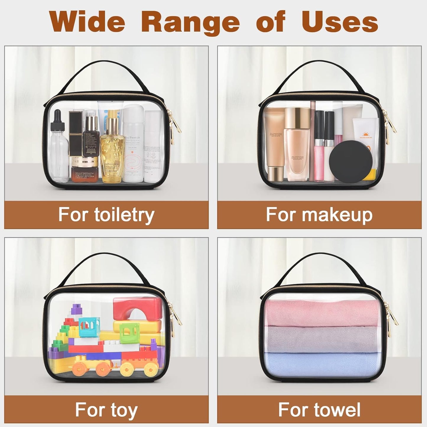 Wedama 3-Pack TSA Approved Toiletry Bags - PVC Cosmetic Bags with Double Zipper, Large Opening, Handles; Black