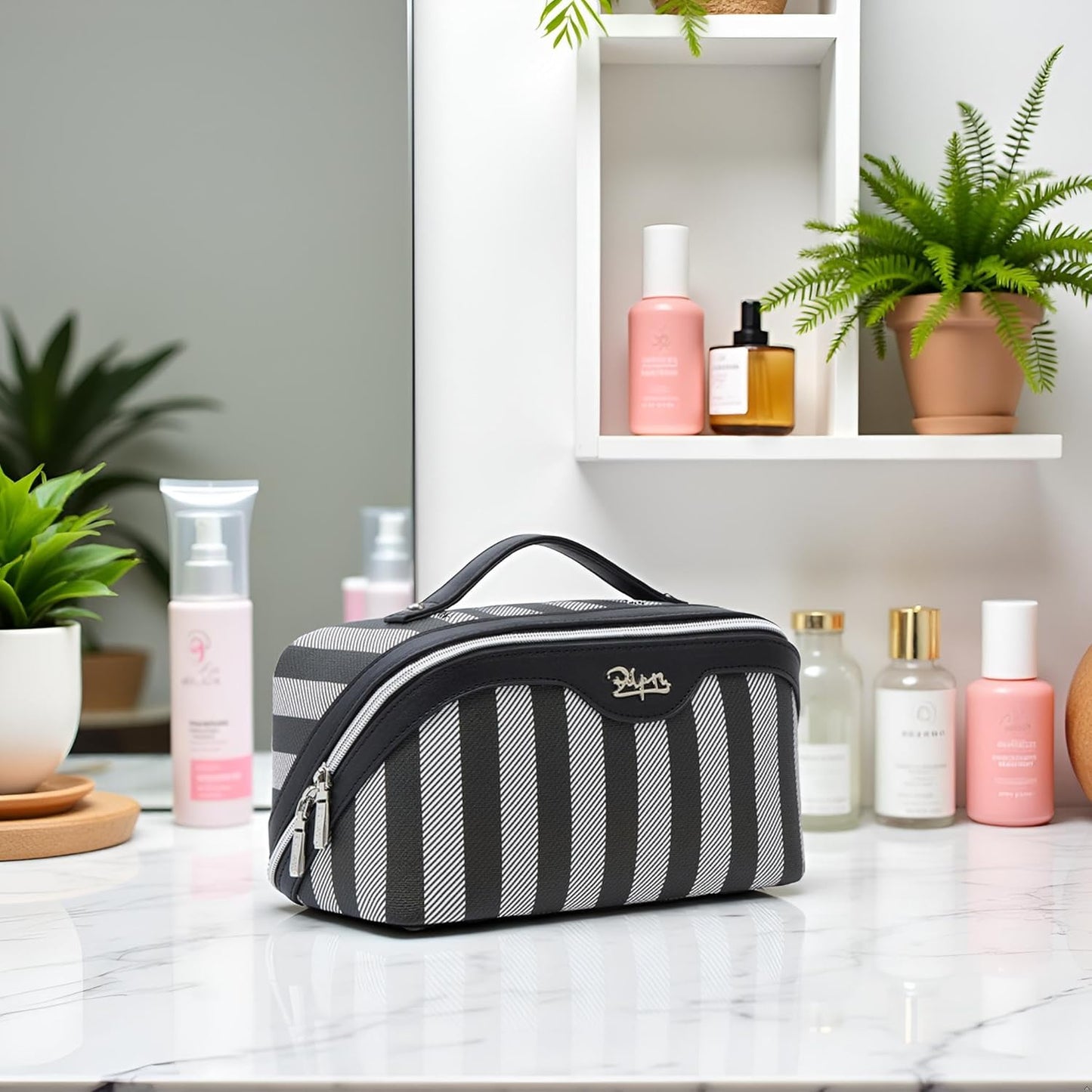 BOYATU Travel Makeup Bag for Women: Large Cosmetic Bag Set of 3 - PU Leather Make up Bag with