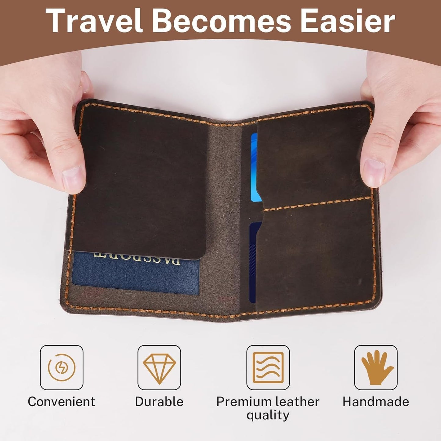 Genuine Leather Passport Holder for Travel,RFID Blocking Passport Cover, Men Passport Wallet, Folding Passport Clip with One Pocket, Two Card Slots, And One Passport Pocket(Coffee Brown)