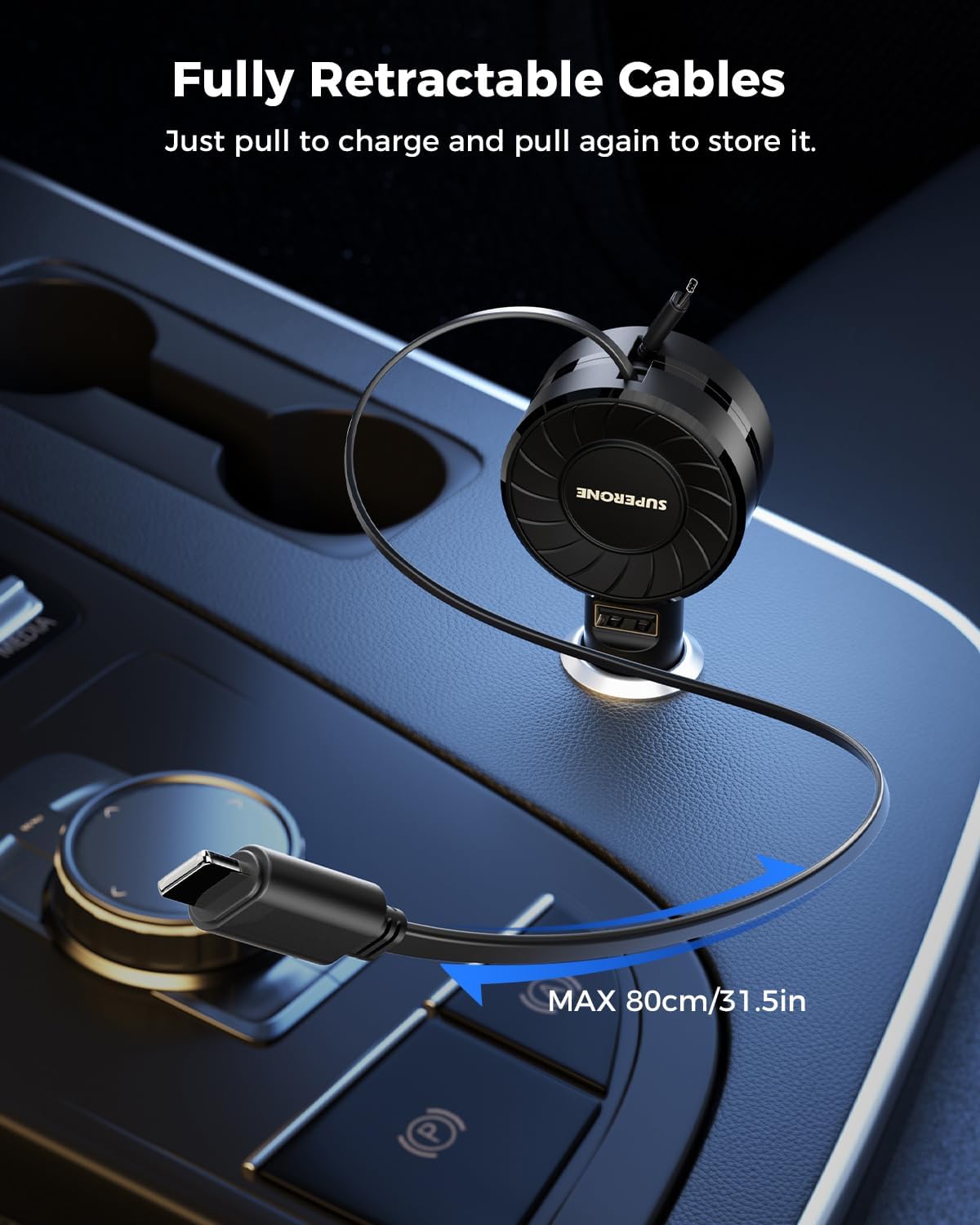SUPERONE Retractable Car Charger with Retractable Cords, Small Fast Charge Retractable Car Phone Charger for iPhone and Android, Compatible with iPhone 17/16/15/14/13/12/11 Pro Max Samsung