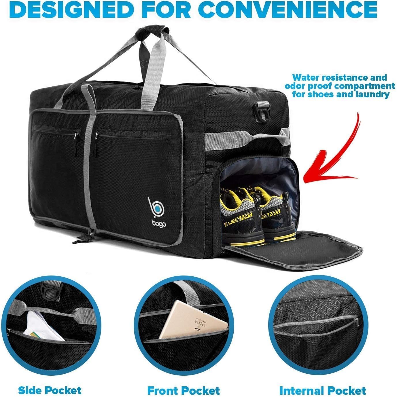 Bago Large Foldable Duffel Bags for Traveling Women & Men - 100L Packable Duffle Bag for Travel with Shoe Compartment - Water Repellant, Heavy Duty, Lightweight Folding & Collapsible (Black)