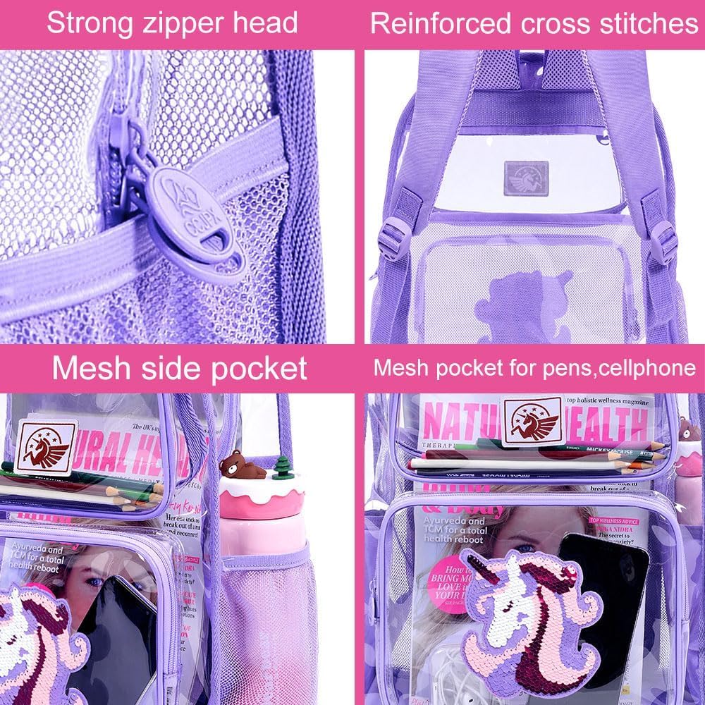 Clear Backpack for Girls and Boys, Kids Transparent Bookbag, 3PCS Cute See Through School Bag for Elementary Prechool