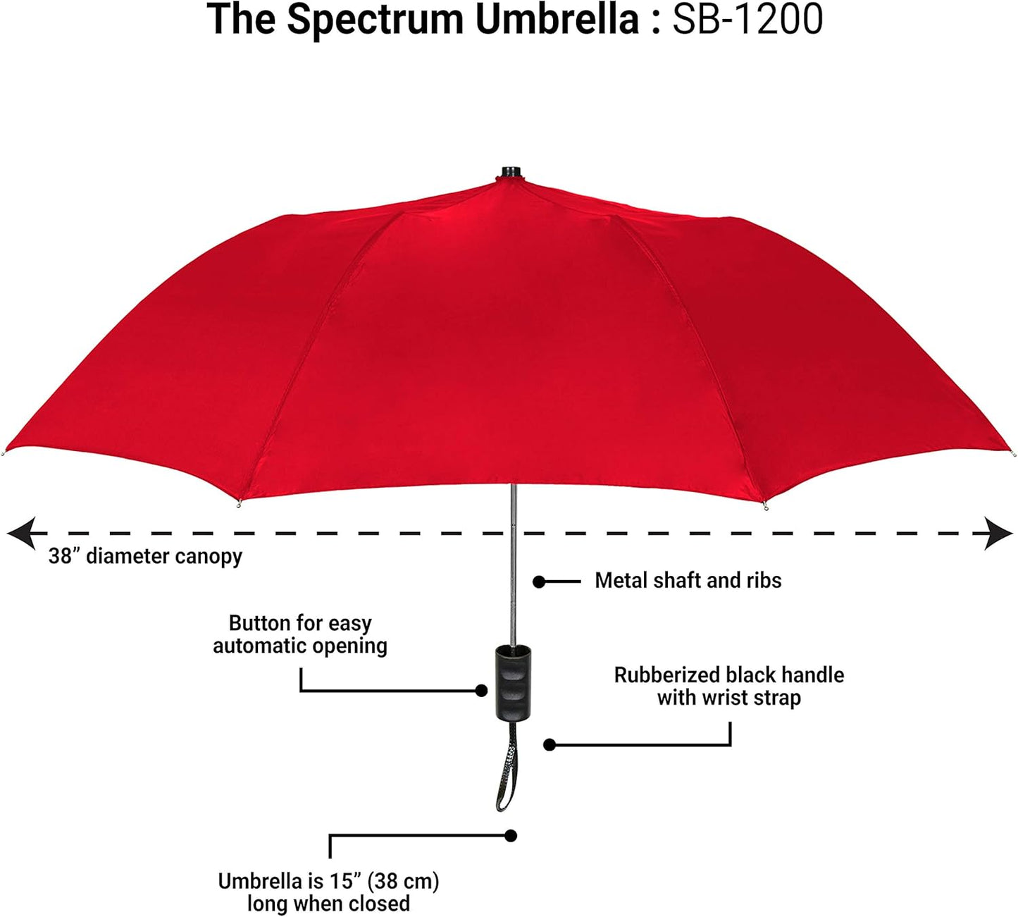 The Spectrum Popular Style 42" Automatic Open Compact Travel Umbrella for Rain, Wind & Sun, Sturdy Lightweight Small Portable Stick Umbrella for Men and Women