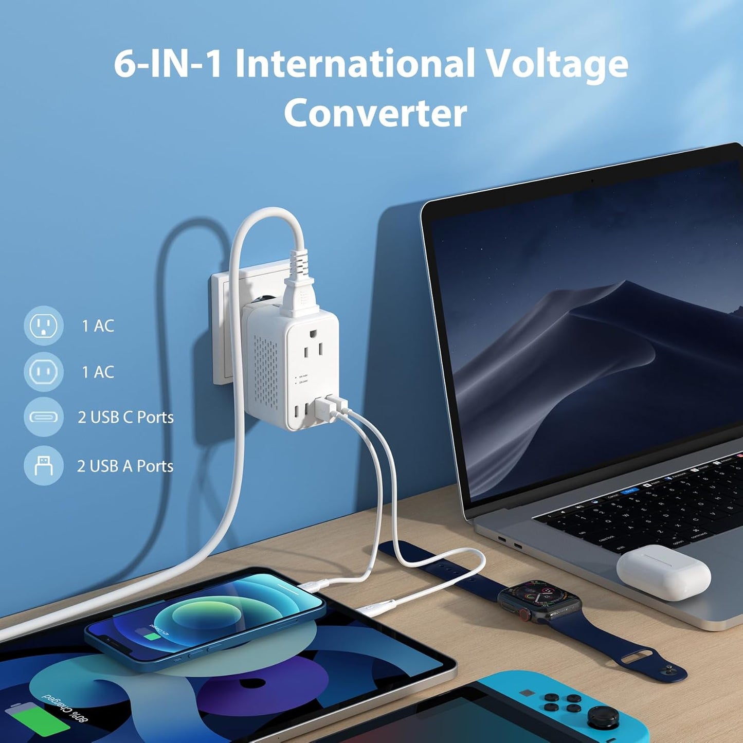 2000W 220V to 110V Voltage Converter US to Europe, Power Converter with Type C, A, G, I Plugs, 2