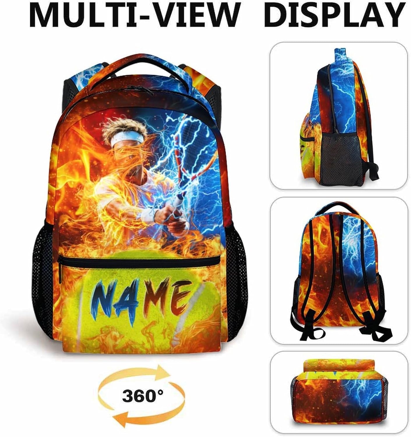 Backpack for Boys Kids, Personalized Tennis Backpacks with Name for Elementary Middle Primary High Senior, 17 Inch Lightweight Custom Cool Sport Bookbag, Ideal Back to School Supplies