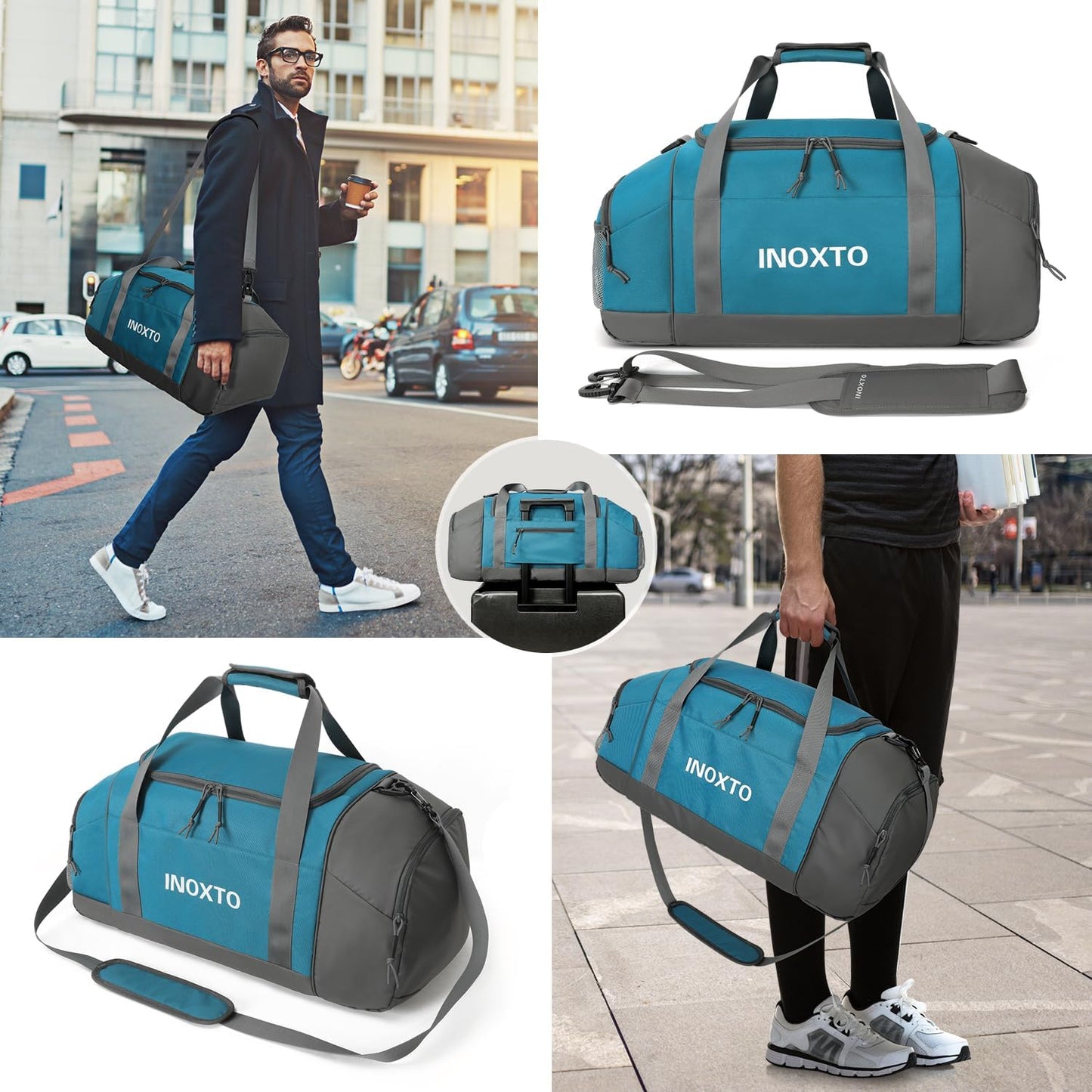 Sports Gym Bag,INOXTO Travel Duffel Bag with Dry Wet Pocket And Shoe CompartmentFor Women and Men,40L/55L Fitness Waterproof Weekender Bag For Swim Sports Travel Working Out (Blue White, 55L)