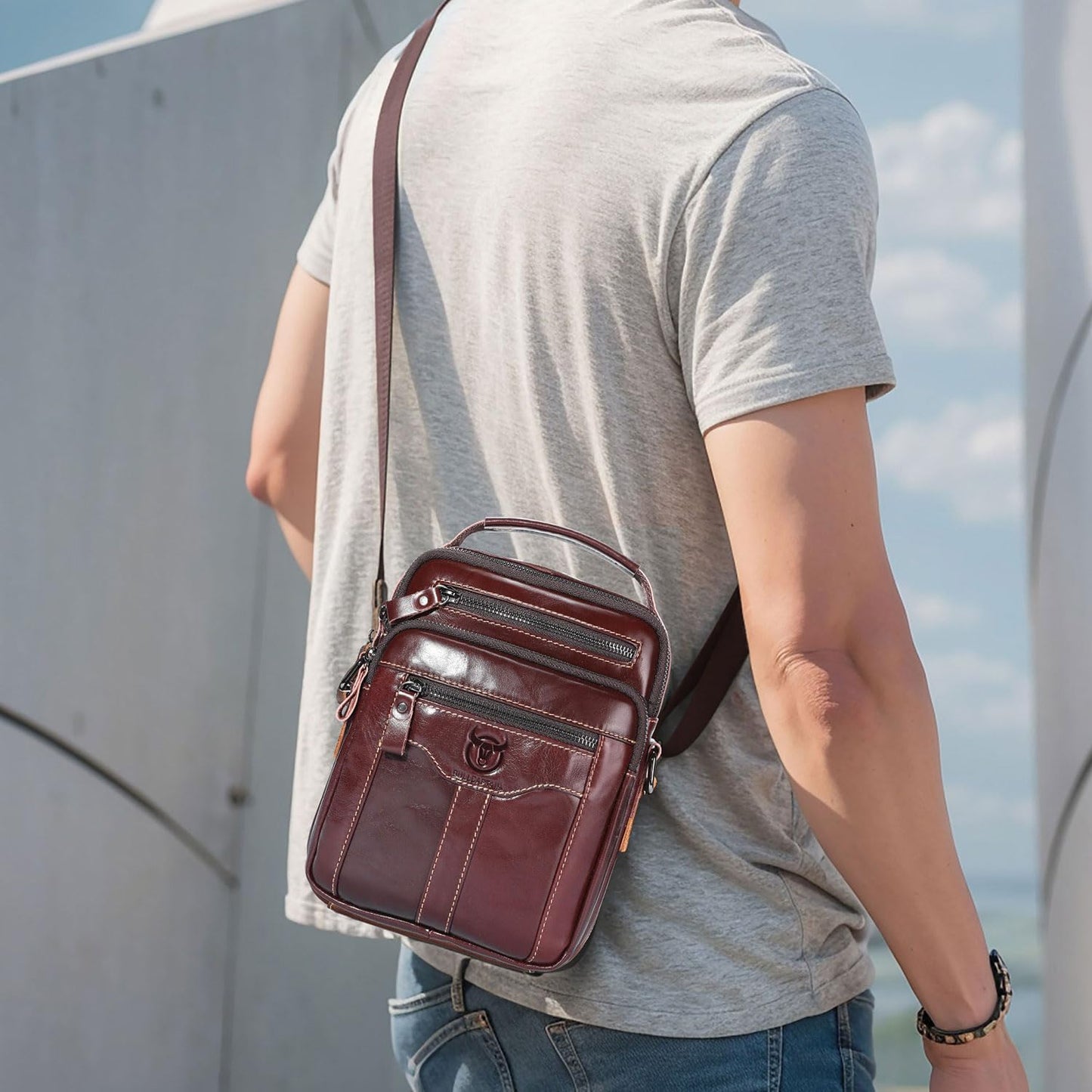 Leather Crossbody Bags for Men Casual Shoulder Bag Travel Messenger Bag Vintage Handbag Multi Pocket Satchel