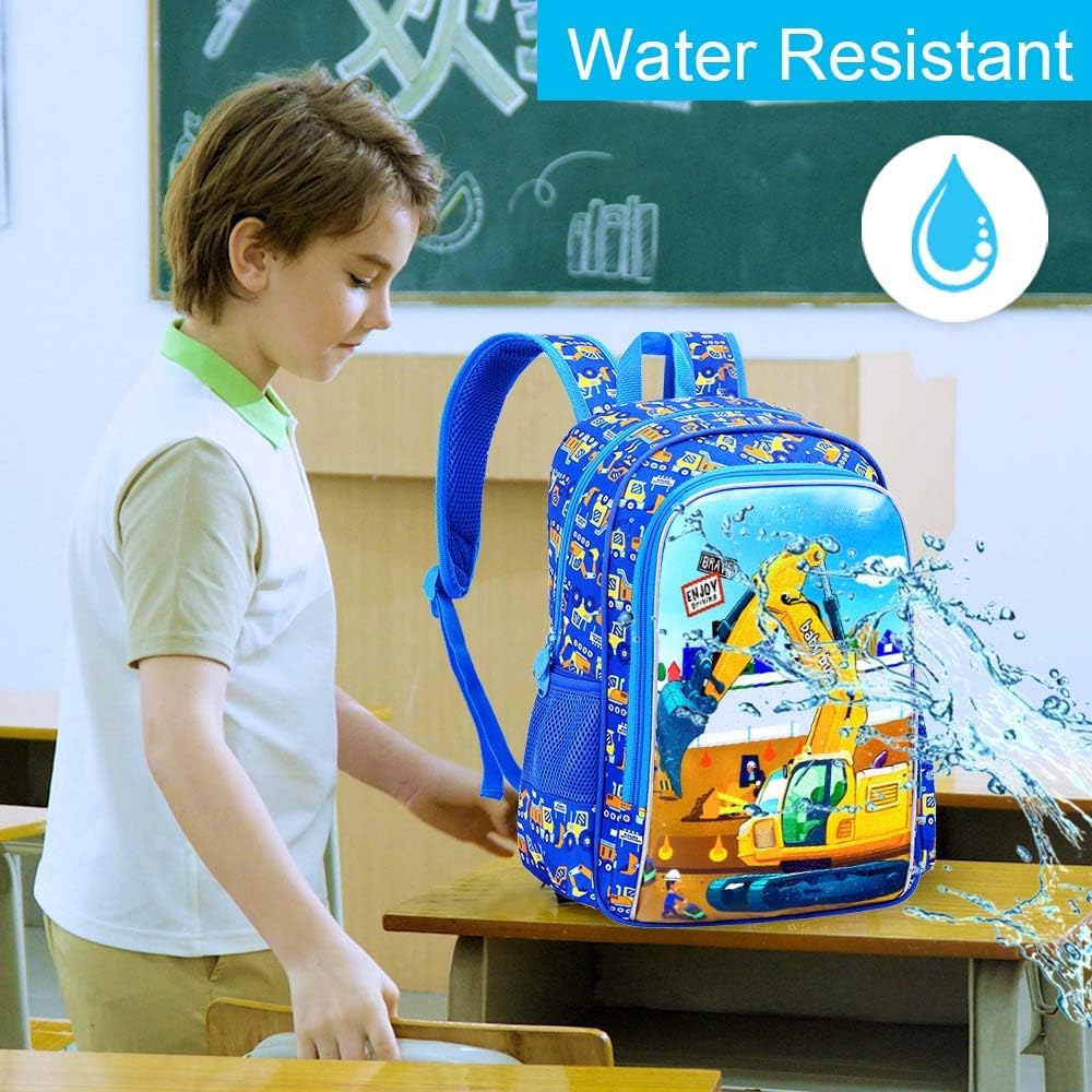 3PCS Excavator Backpack for Boys, Water Resistant Kids Digger Bookbag Set with Lunch Box, Cute School Bag for Preschool Toddler