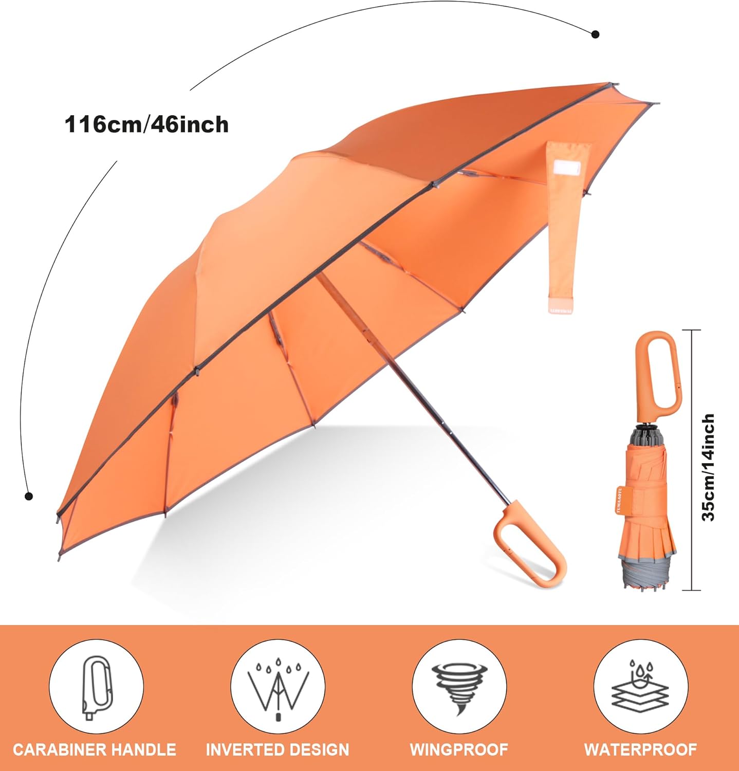 QWB TUMAAOTU Inverted Umbrella with Carabiner Handle, Wind Proof Umbrellas For Rain and Sun, 46 Inch Portable Reverse Folding UV Umbrella, Car Umbrella for Women Men, 10 Ribs