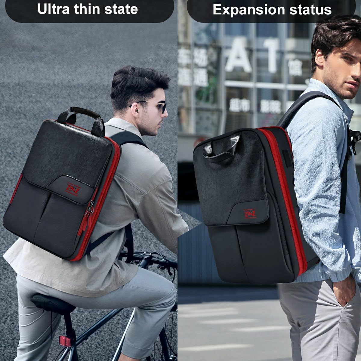 ZINZ Slim & Expandable Laptop Backpack 15.6 16 17 inch Travel Business Backpack Water-Resistant Daypack for Men and Women,Black red