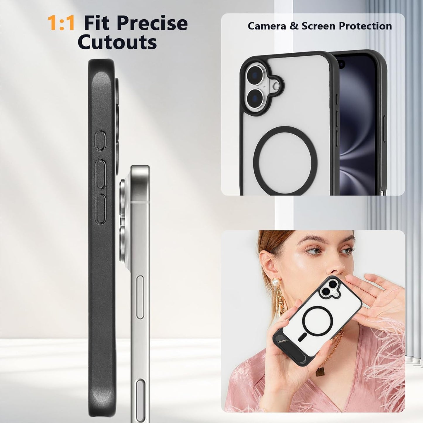 Tikoo Strong Magnetic for iPhone 16 Plus Case with Magsafe and Built-in Invisible Kickstand Slim Translucent Matte Military Grade Protective Phone Case for iPhone 16 Plus 6.7”