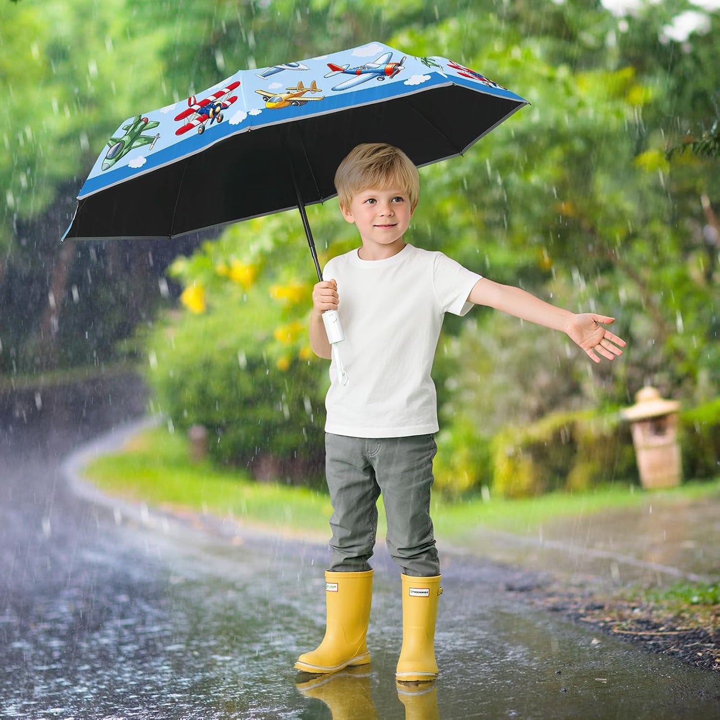 Autoamtic Kids Umbrella UV Resistant, Folding Compact Umbrella 360° Reflective Strip for Travel Outdoor, Lightweight Cute Kids Parasol Anti-rebound Safe for Toddler