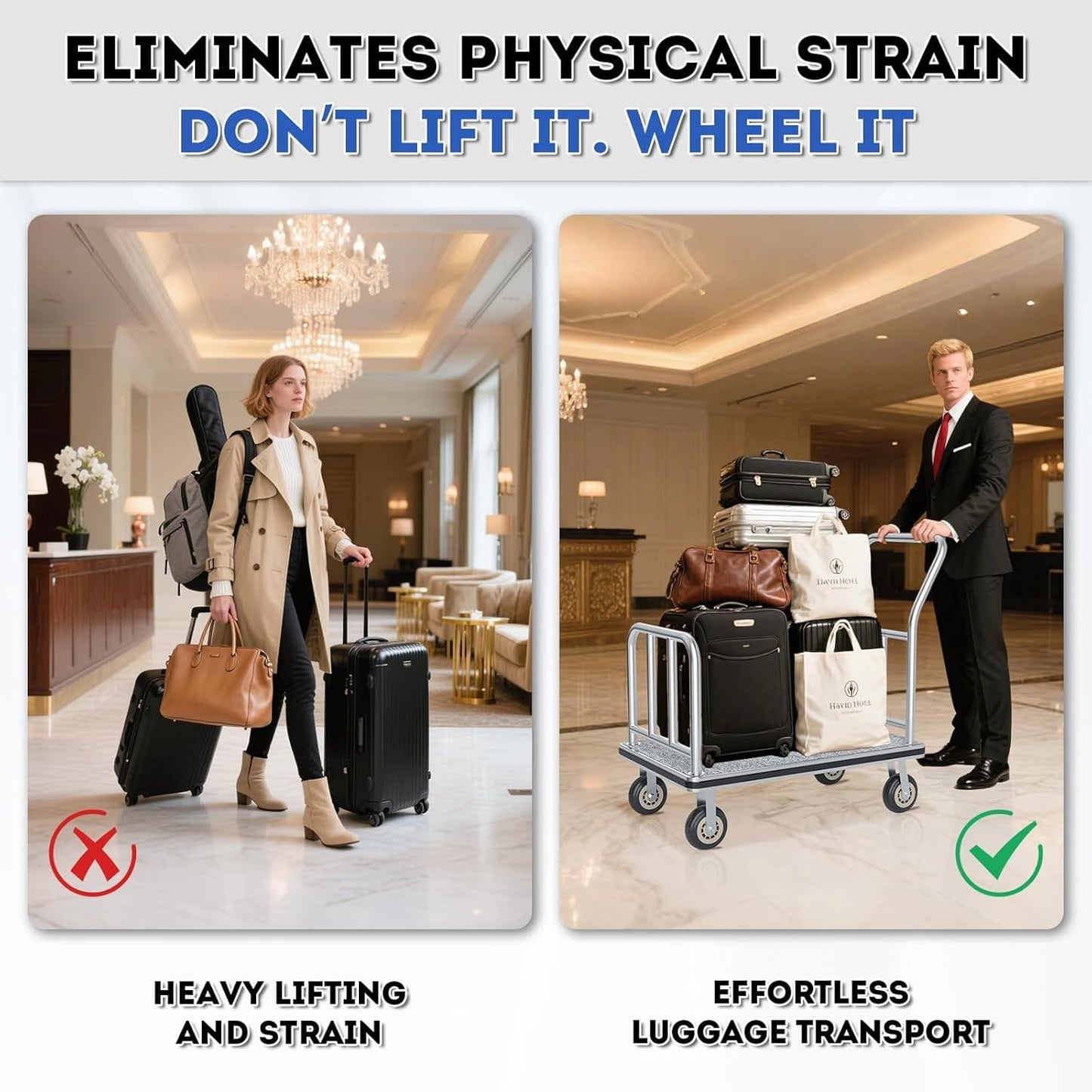 Heavy Duty Luggage Cart - 8" Wheels, Commercial Hotel Luggage Trolley, 900lbs Capacity Bellman Cart with Platform for Hotels & Airports