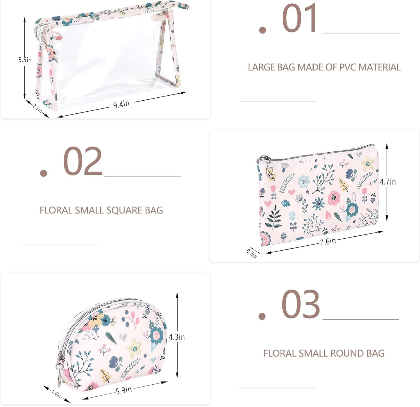 Richeart Makeup Bag, Clear Bag with Zipper, 3PC Floral Flowers Makeup Pouch, Waterproof Small Pouch, Portable Travel Toiletry Bag, C