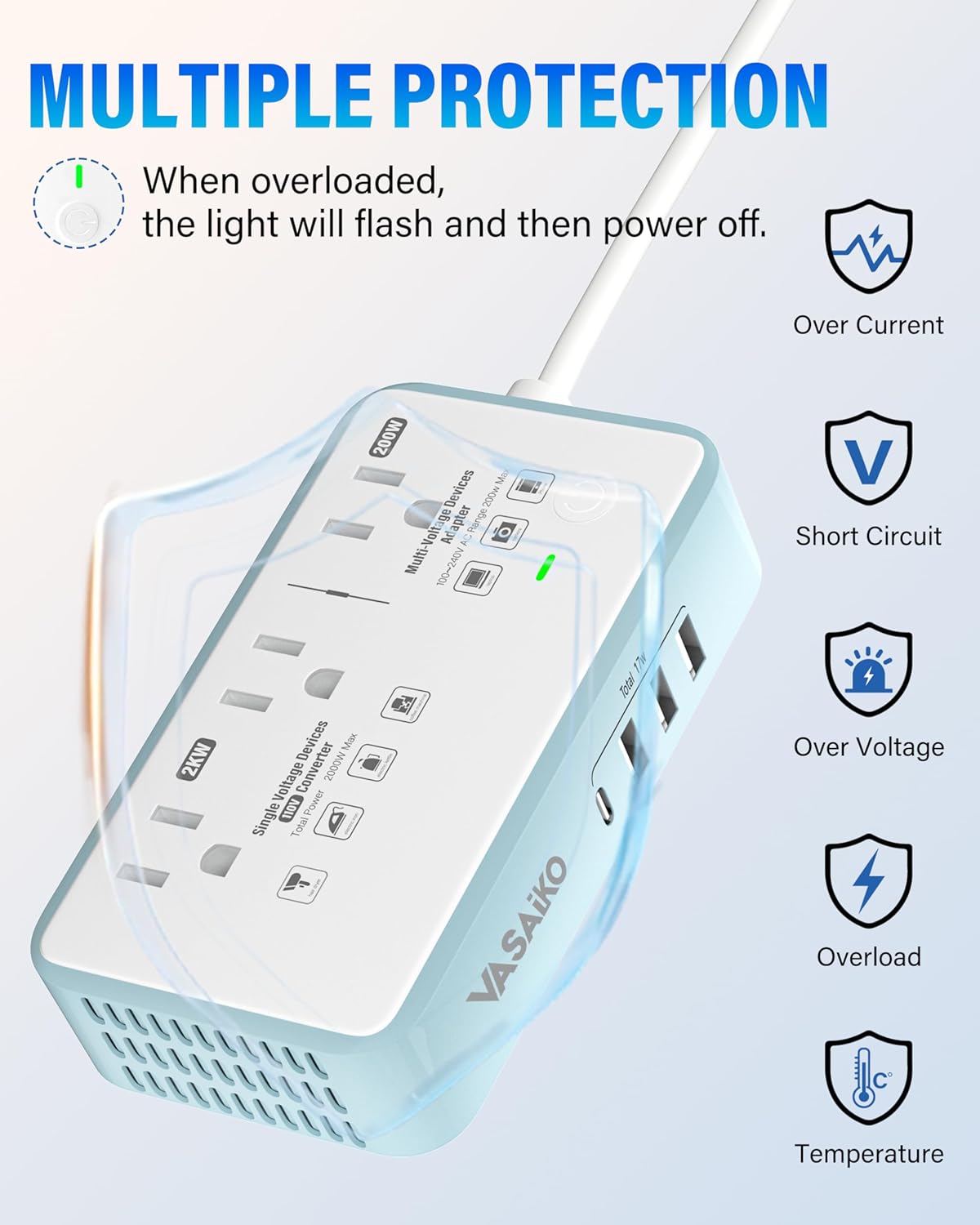 220V to 110V Voltage Converter US to Europe, 2000W Max International Power Converter with 4 USB Charging, Power Converter for European with Travel Plug Adapter