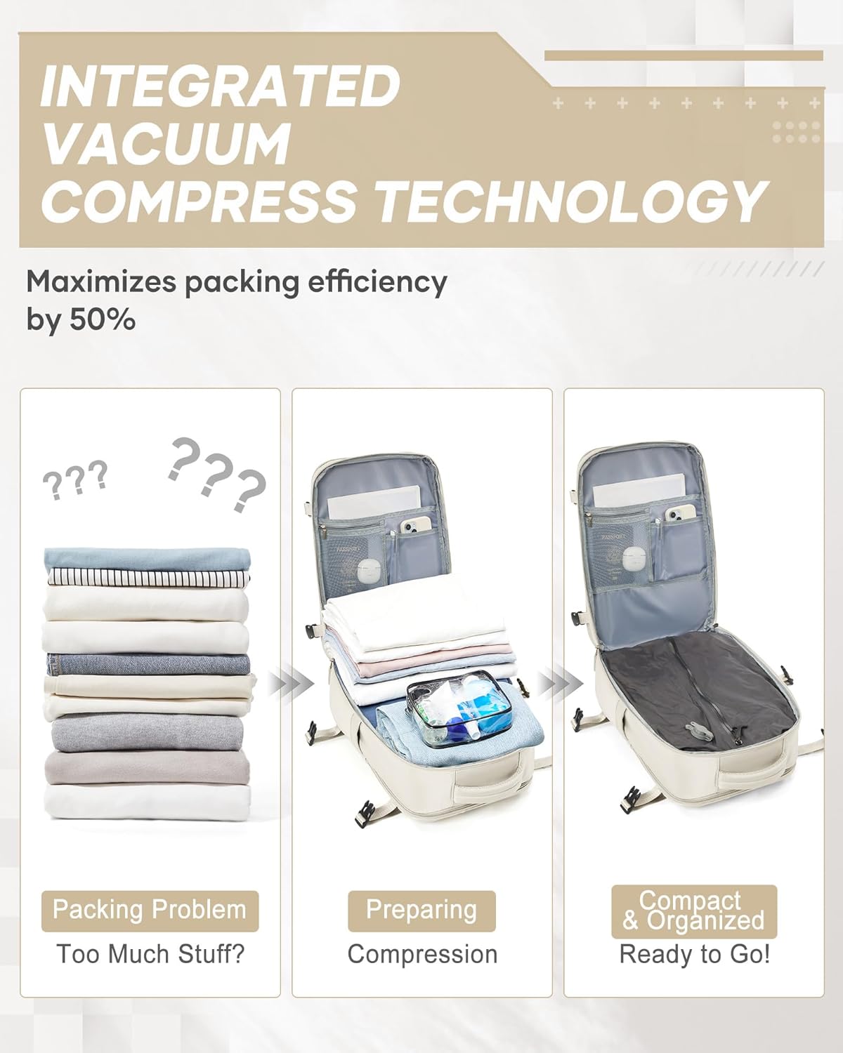 suwasp Vacuum Compression Backpack, 45L Expandable Travel Backpack with Electric Vacpack Pump, Travel Vacuum Bags with Shoe Compartment/17inch Laptop Compartment/USB Port, Beige, Large