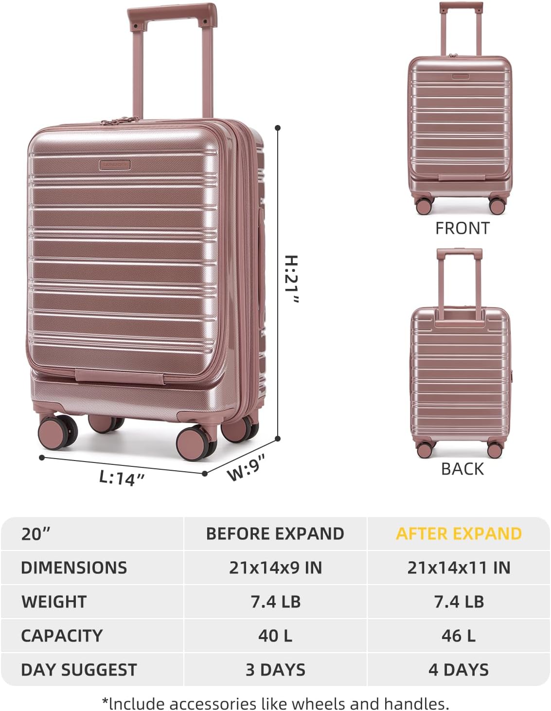 LARVENDER Carry On Luggage 22x14x9 Airline Approved, 20 Inch Expandable PC+ABS Hardside Carry On Luggage with Front Pocket Spinner Wheels TSA Lock for Women Men (Rose Gold)
