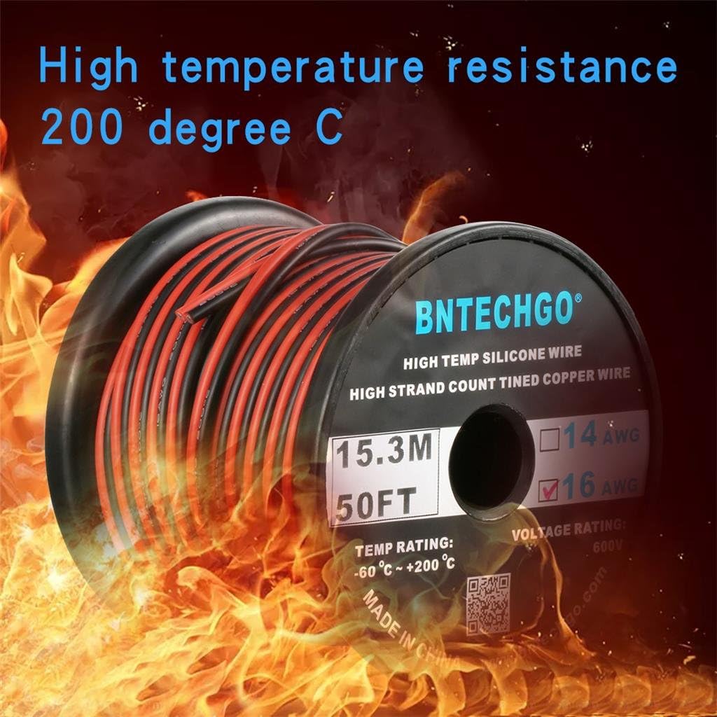 BNTECHGO 16 Gauge Flexible 2 Conductor Parallel Silicone Wire Spool Red Black High Resistant 200 deg C 600V for Single Color LED Strip Extension Cable Cord,Model,50ft Stranded Tinned Copper Wire