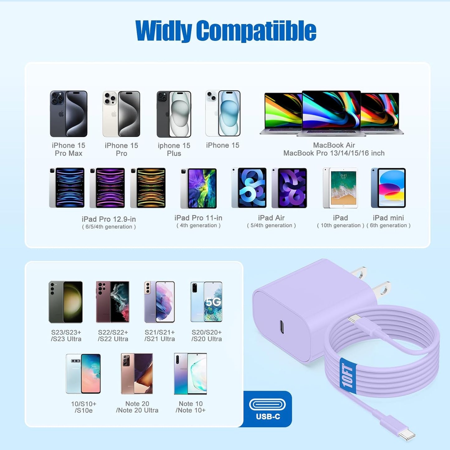 iPhone 17 16 15 Fast Charger Block and 10ft Type C to C Cable Cord Long, 20W USB C Charging Plug for Apple iPhone 17 Pro Max/17 Air/16 Pro Max/16/15 Pro/15 Plus/iPad Mini,Wall Power Adapter Cube Brick
