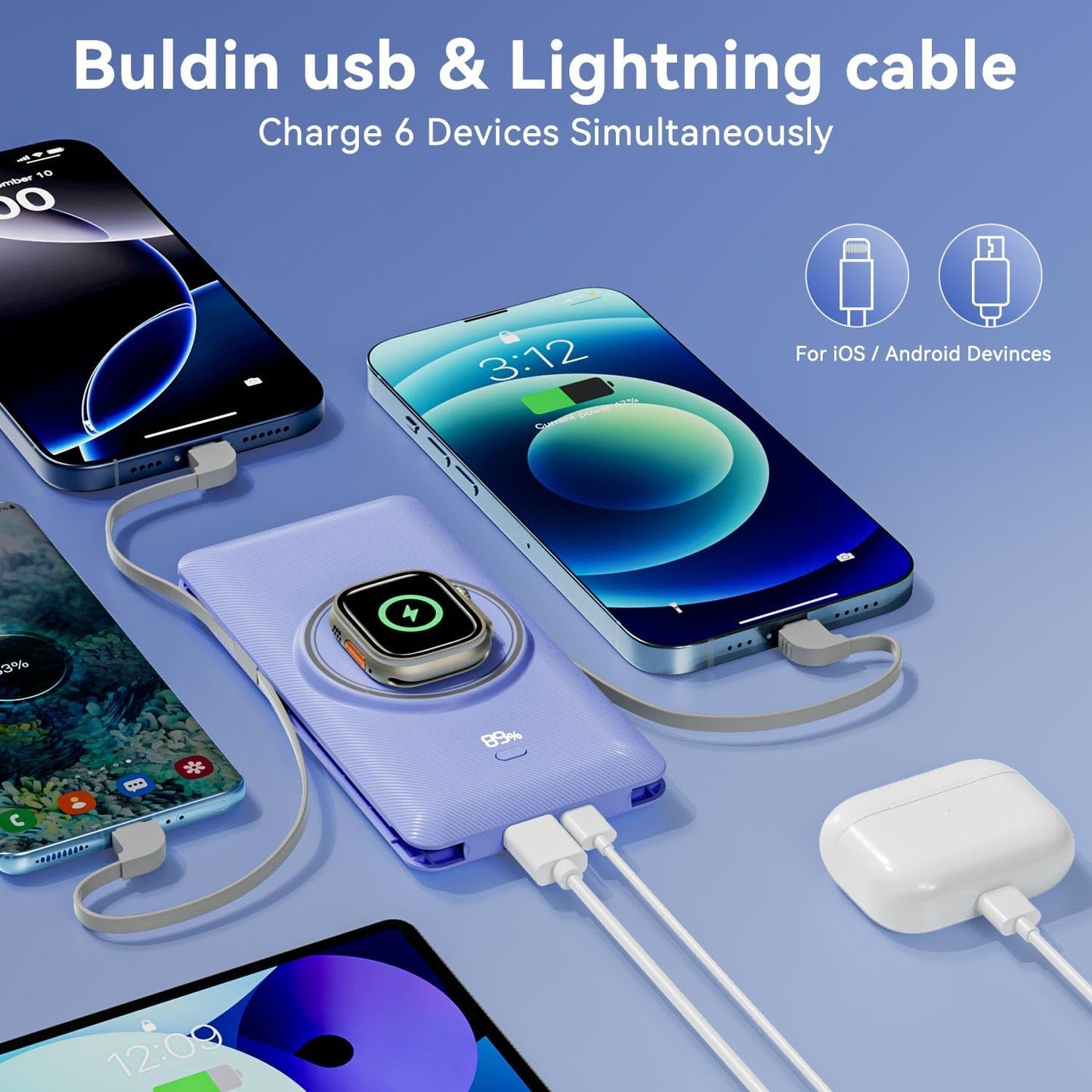 Magnetic 10000mAh Portable Charger for iWatch & iPhone, 22.5W USB C Fast Charging Wireless Power Bank Built-in Cables and Wall Plug, External Travel Battery Pack Compatible with iOS Android Devices