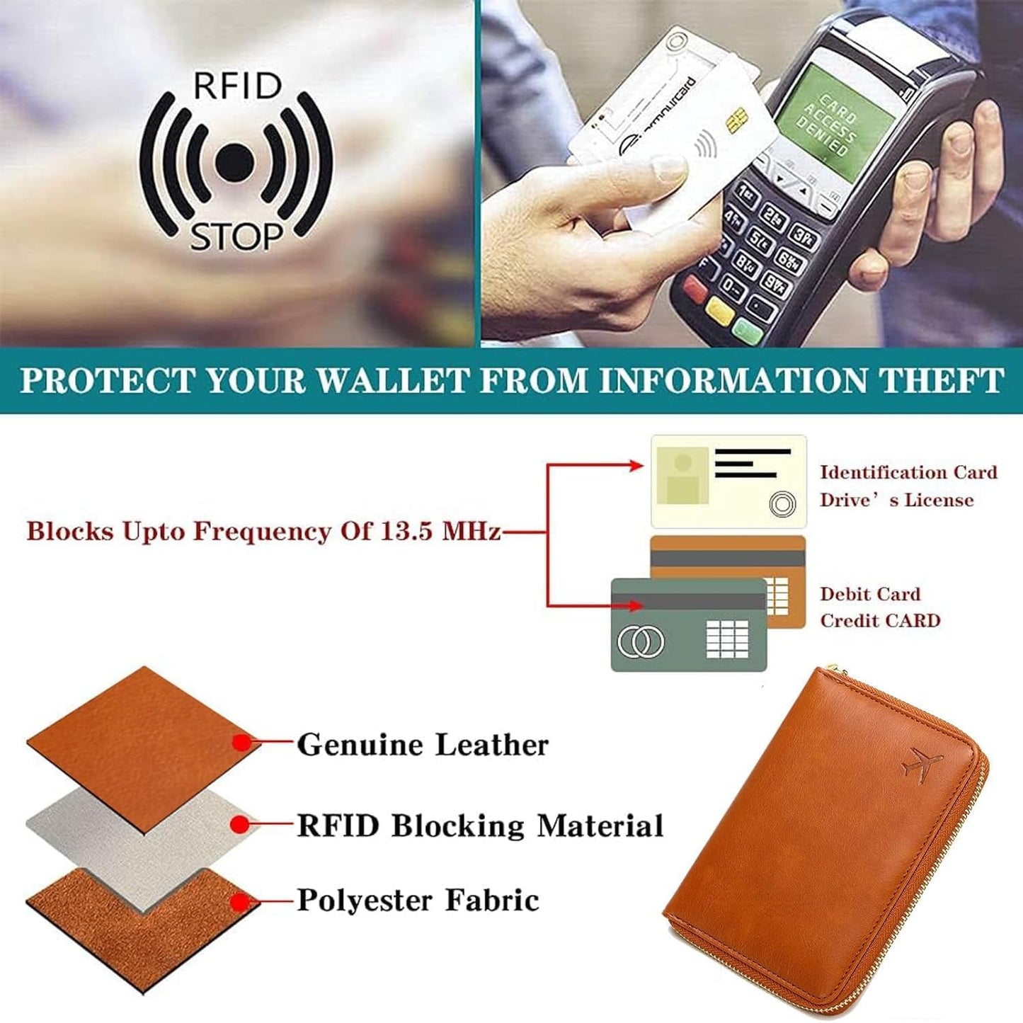 Genuine Leather Wallet Unisex Zipper Passport Holder RFID Blocking Waterproof - Vintage Travel Wallet (Grey)