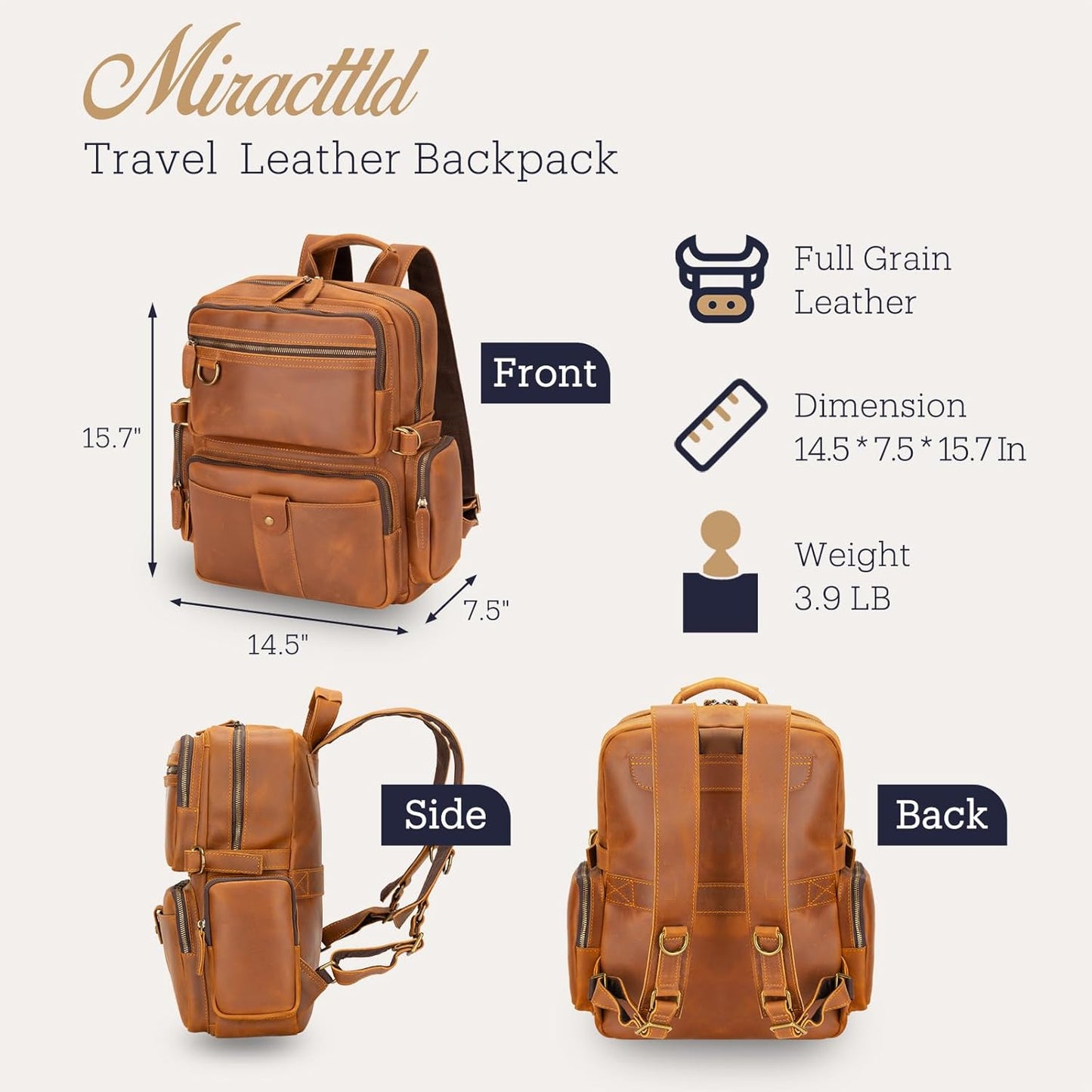 Leather Backpack for Men 15.6" Laptop Backpack 100% Madagascar top-Grain Leather Backpack Light Brown Large Size