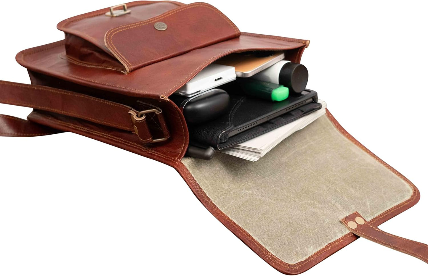 11" Brown Small Leather Messenger Bag Shoulder Bag Cross Body Vintage Messenger Bag For Women & Men Satchel Man Purse Compatible With Ipad & Tablet