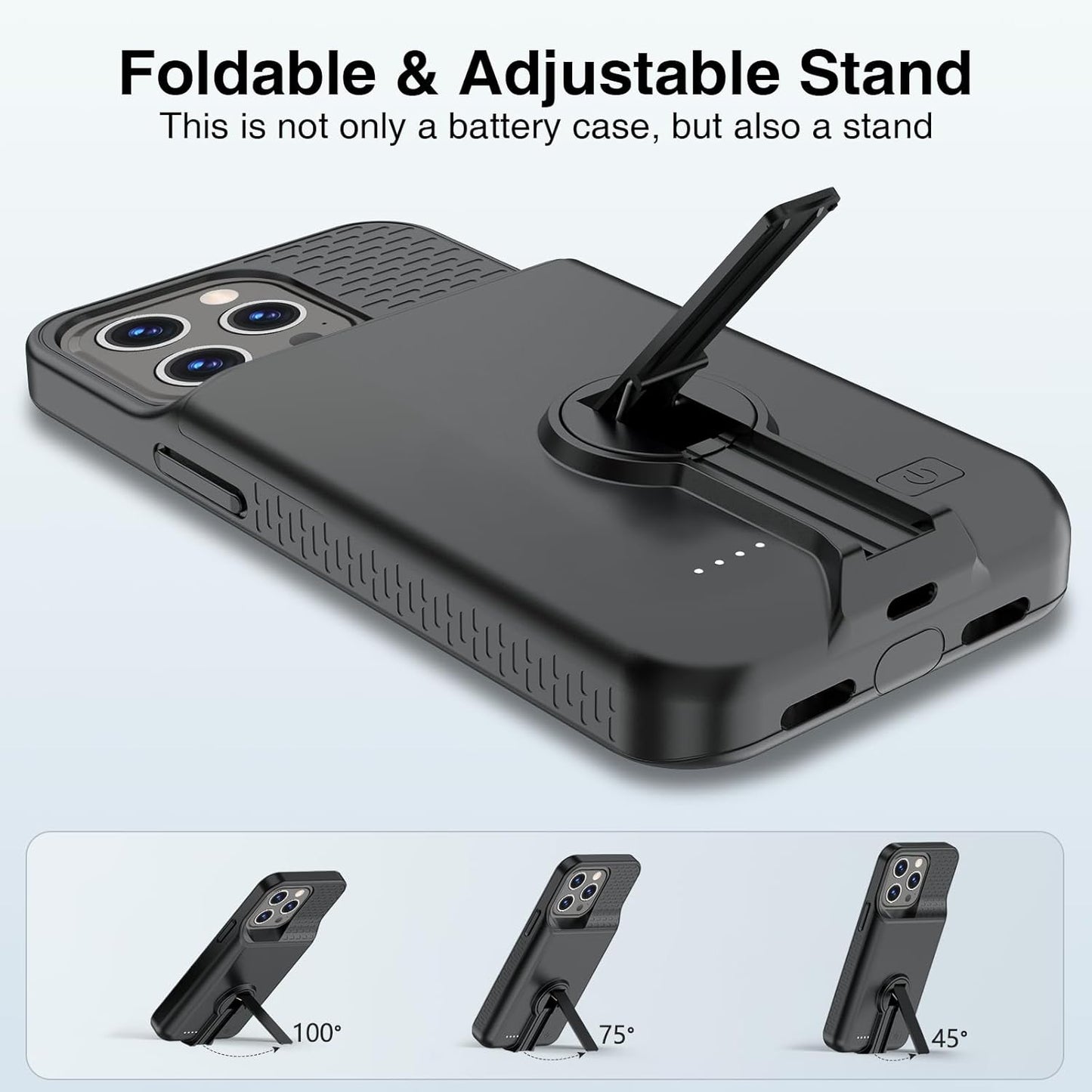 Battery Case for iPhone 14 Pro Max/14 Plus/13 Pro Max/12 Pro Max, Charging Case With Stand 8000mAh Portable Extended Case Cover for iPhone 14 Pro Max, 14Plus, 13/12Pro Max Charging Case (6.7”) Black
