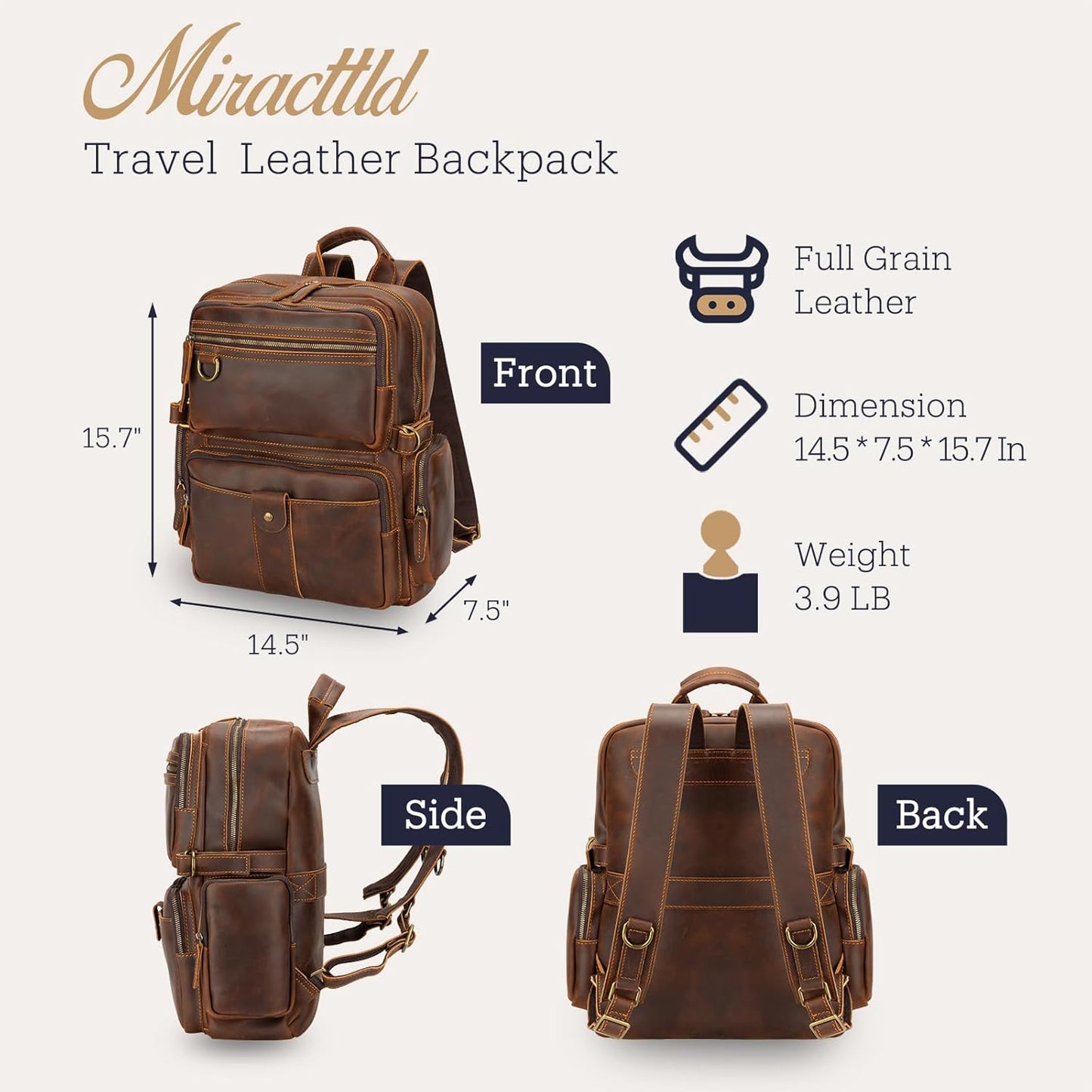 Leather Backpack for Men 15.6" Laptop Backpack 100% Madagascar top-Grain Leather Backpack Brown Large Size