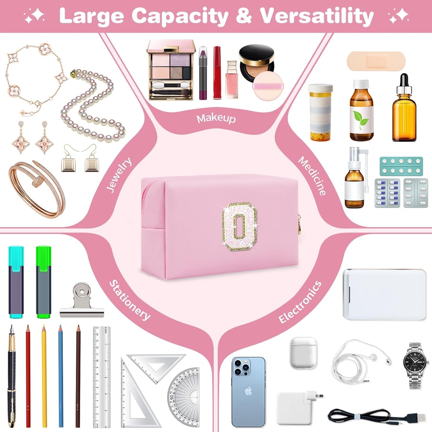 Small Personalized Initial A-Z Patch Makeup Bag,Pink Cute PU Leather Glitter Letter Cosmetic Bag for Teen Girls,Travel Toiletry Bag with Zipper,Preppy Monogrammed Birthday Gift for Daughter Niece O