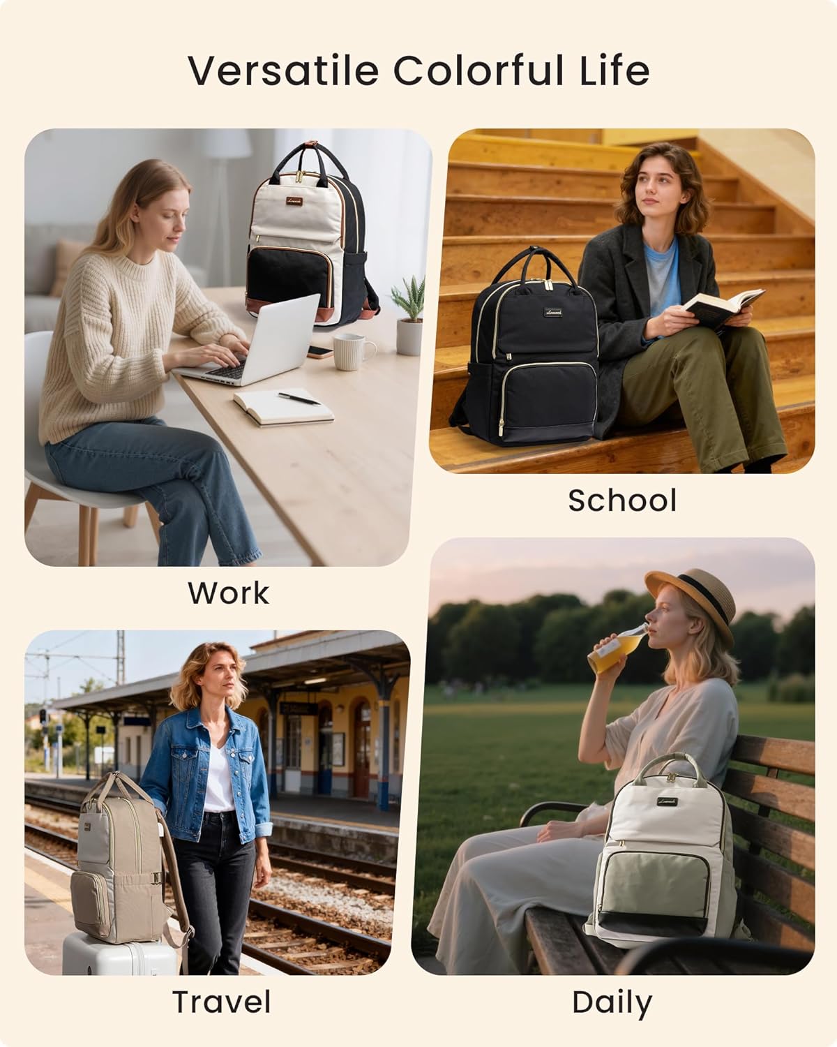 LOVEVOOK Laptop Backpack for Women with Giant Tumbler Holder Pocket, 17 inch Large Travel Work Backpack Purse for Teacher Nurse, Waterproof College Book Bag Cute Casual Daypack, Beige-Black-Brown