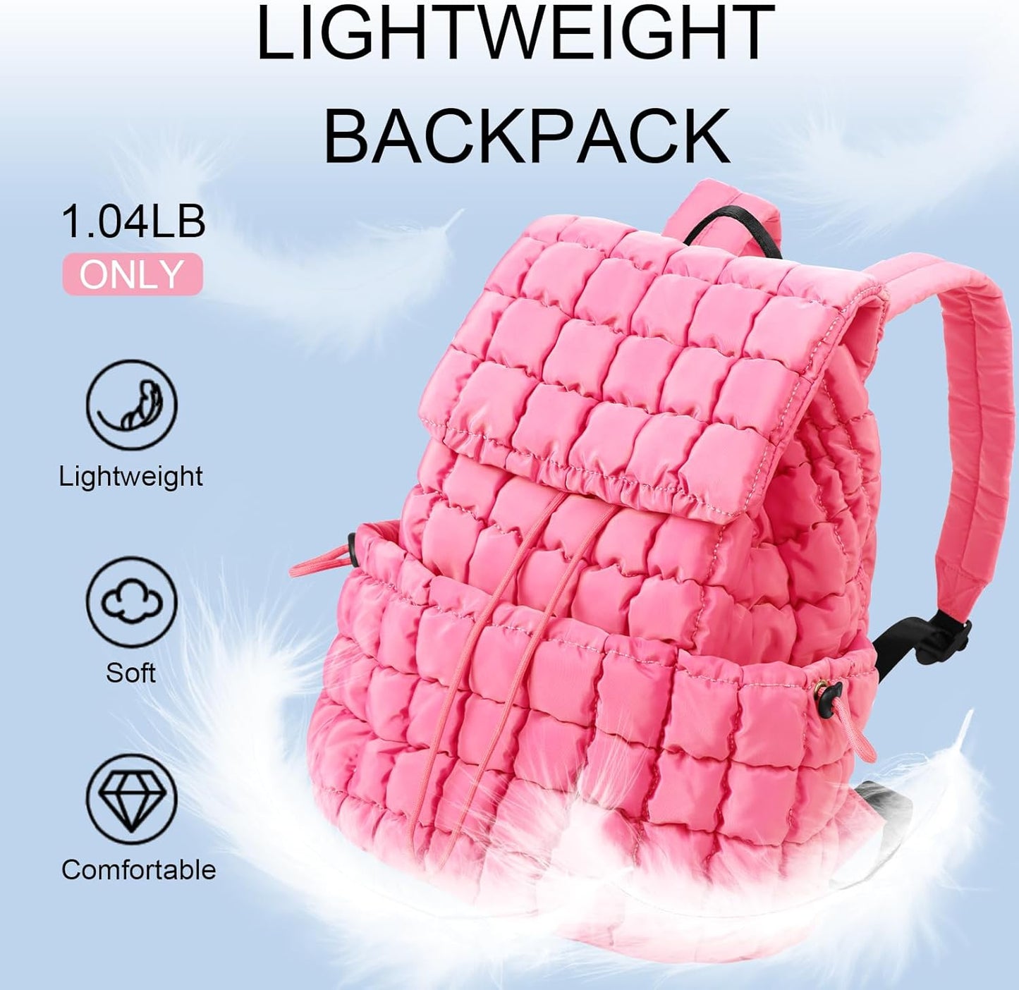 XSUIOY Quilted Backpack Purse for Women Small Lightweight Puffer Puffy College Laptop Backpack Nylon Casual Bookbag Daypack Top Flap Drawstring Padding Hiker Travel Gym Backpack(Pink)