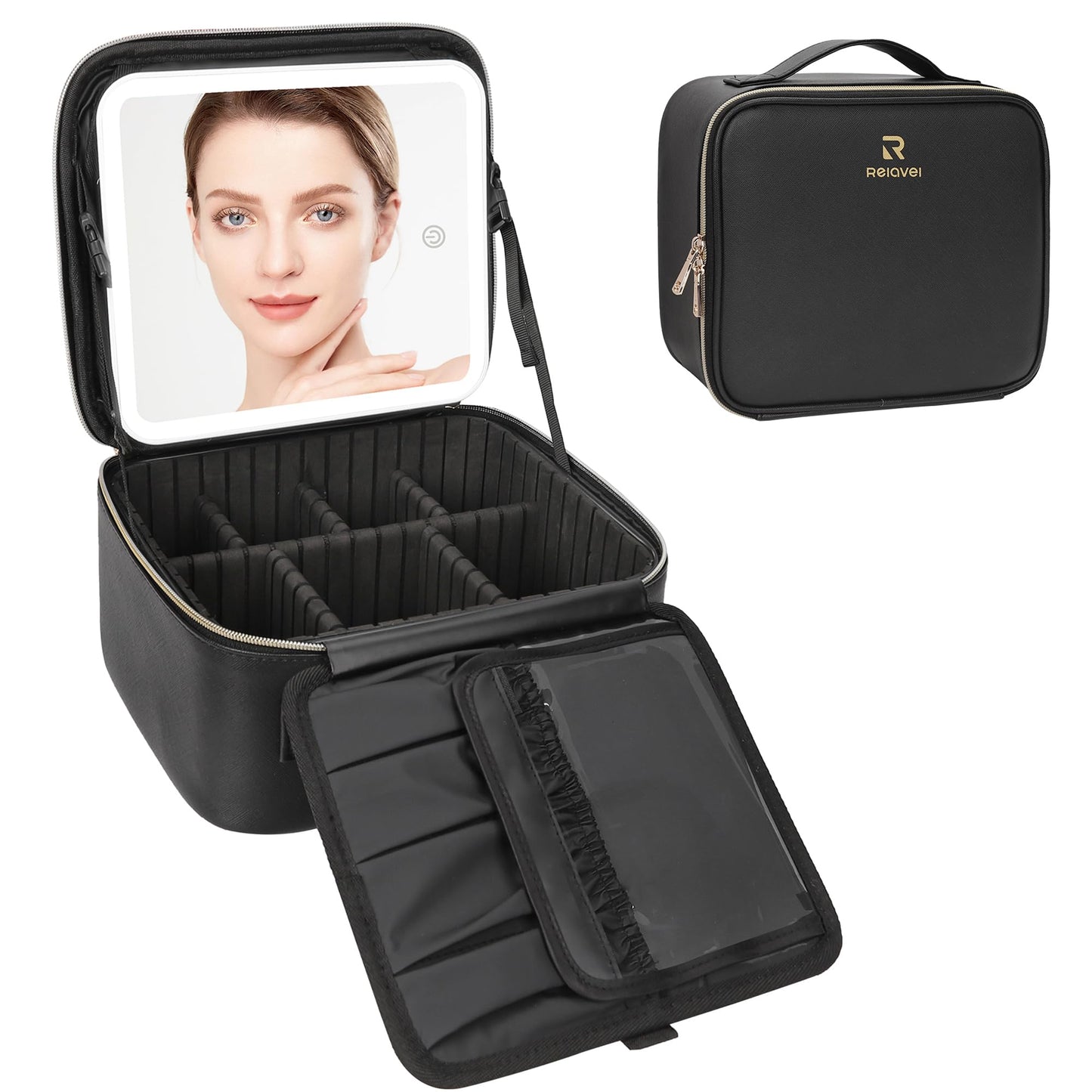 Relavel Travel Makeup Bag With LED Mirror, Cosmetic Train Case with Light up Mirror, Portable