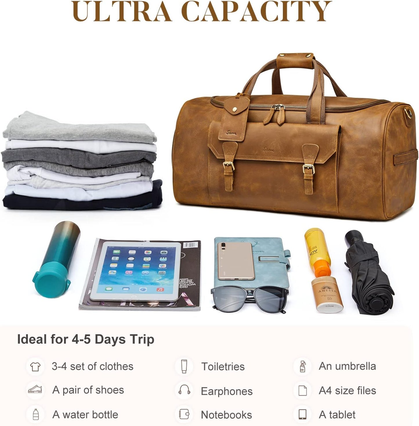 S-ZONE Genuine Leather Travel Duffle Bags for Men Women Carry On Garment Weekender Bags(Light Brown)