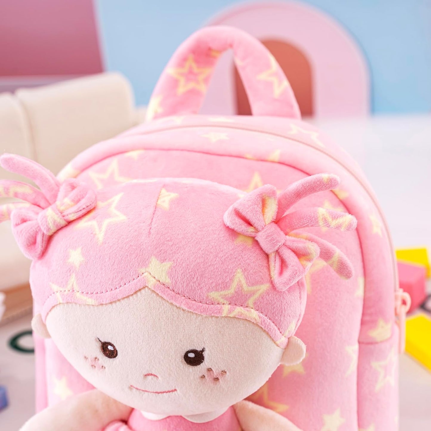 Onetoo Toddler Backpacks Back to School Gifts for Girls Kids Backpack with Soft Tanned Baby Dolls in Pink Star Dress 9"