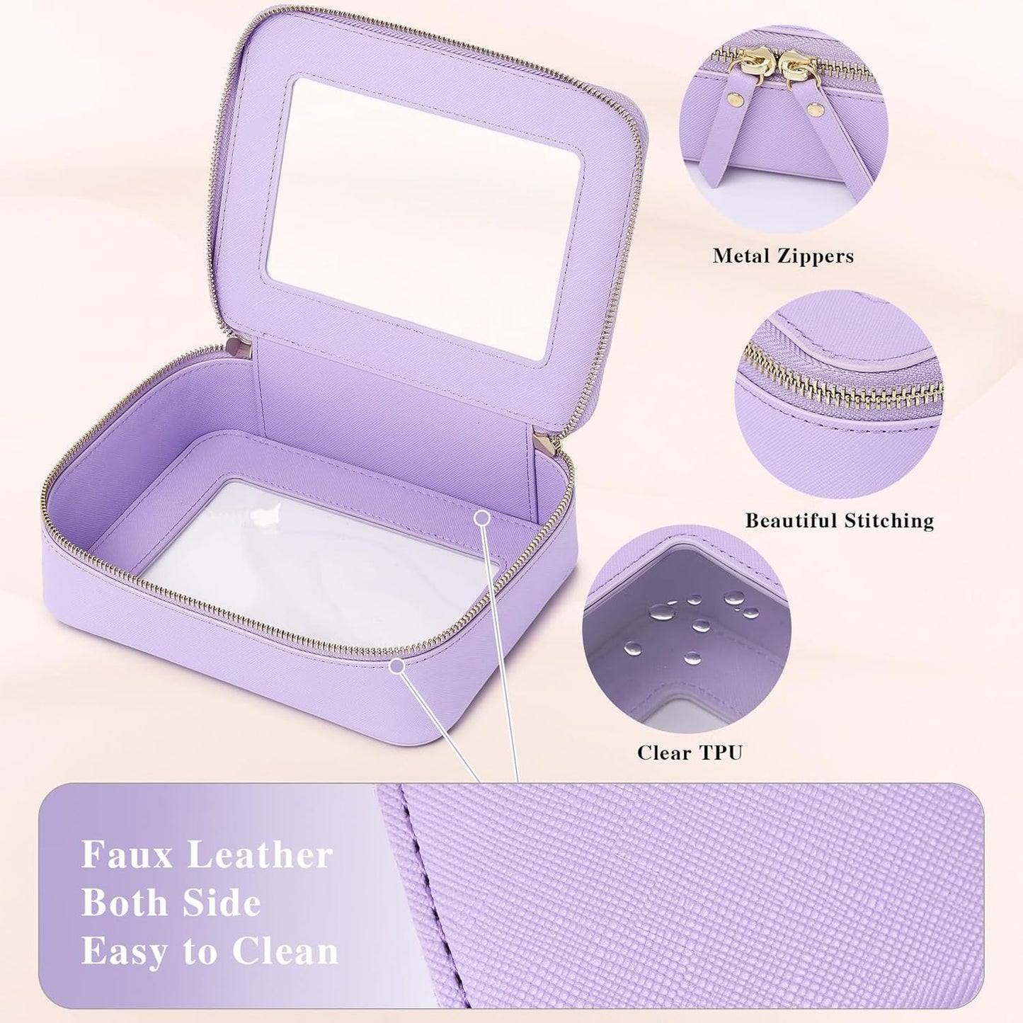 Clear Makeup Bag Women's Waterproof Travel Cosmetic Case and Toiletry Bag Portable Makeup Organizer Bag for Car with Zipper (Purple, M)