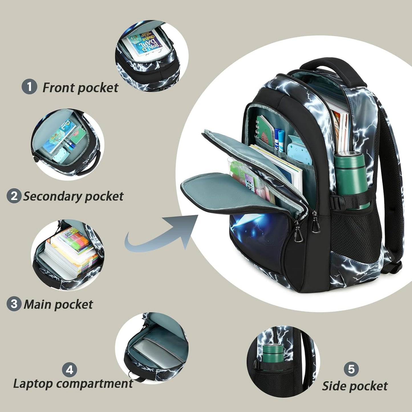Boys Backpack for Kids Elementary School Bags Lightning Teens Durable Bookbag (black)