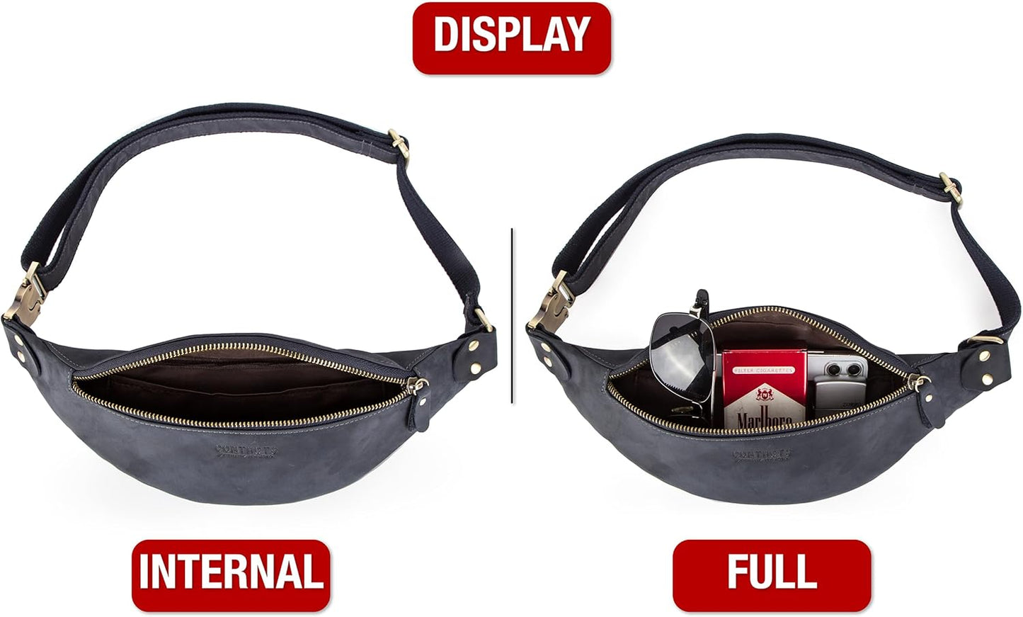 Top Grain Genuine Leather Slim Fanny Pack for Man & Woman, Minimalist Vintage Design, Handmade with Detachable Hardware, Slim Waist Bag Small Crossbody Belt Bag for Traveling or Riding, Blue