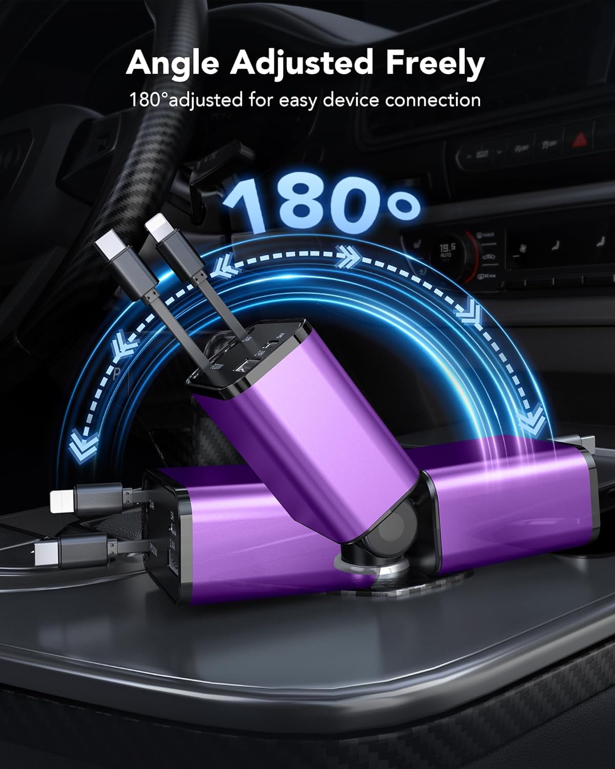69W Retractable Car Charger, 4-in-1 Fast Car Phone Charger with 2.6ft Two Retractable Cables and USB C+USB A Car Charging Block Cube, Compatible with iPhone 15 16 17 Pro Max Plus,Galaxy,Pixel(Purple)
