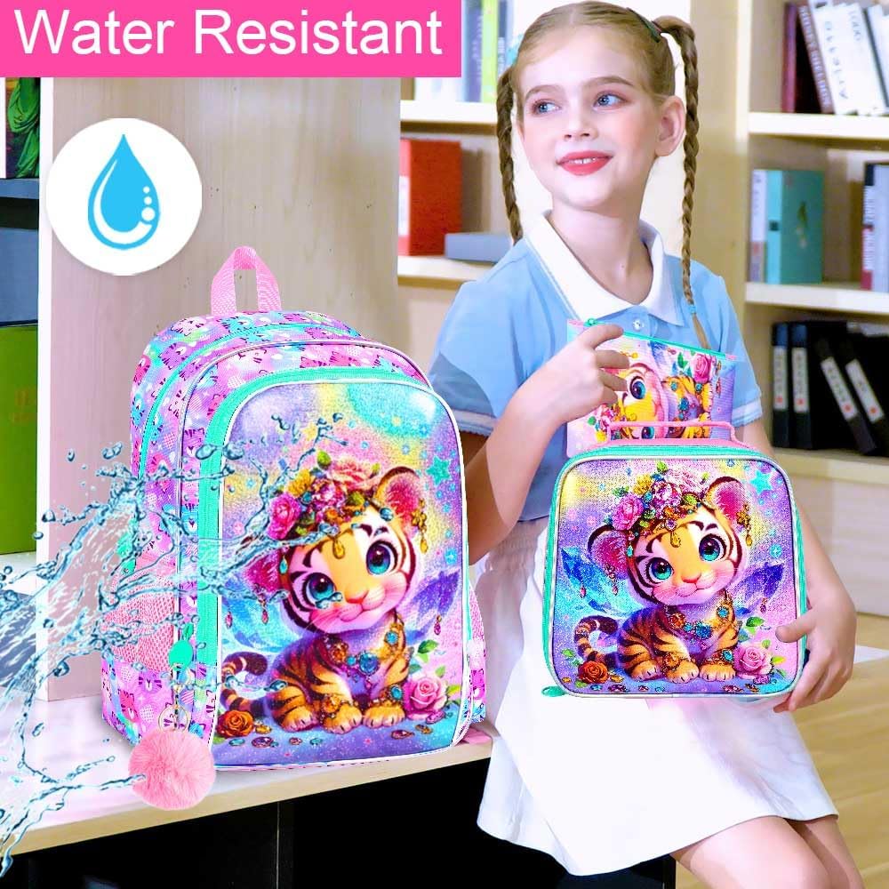 3Pcs Tiger Backpack for Girls, 16" Kids School Backpacks with Lunch Box, Bookbag for Elementary Preschool Kindergarten(Pink)