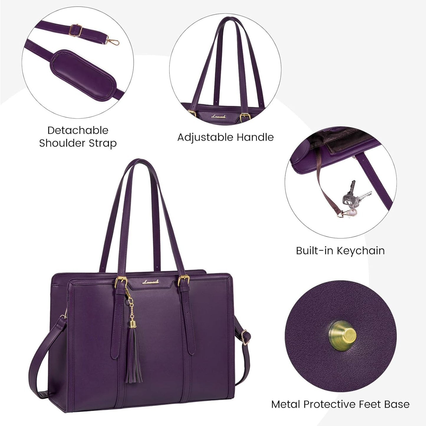 LOVEVOOK Laptop Bag for Women 15.6 inch Lightweight PU Laptop Tote Bag, Large Capacity Computer bag with Clutch Purse for Business, Work, Office, Travel,School,Casual(Dark Purple,15.6 Inch)