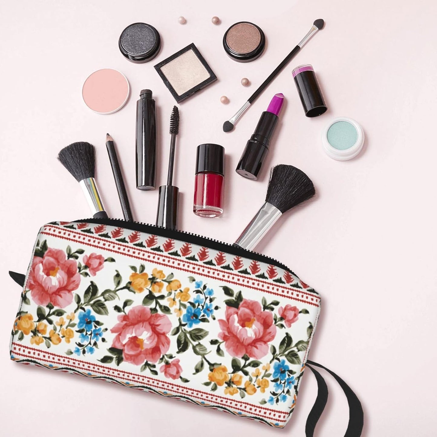 Vintage Floral Boho Makeup Bag Small Compact & Durable Travel Cosmetic Bag Wristlet Organizer Oxford Fabric Impact-Resistant Multi-Purpose Storage Perfect for Travel, Gym, Daily Use