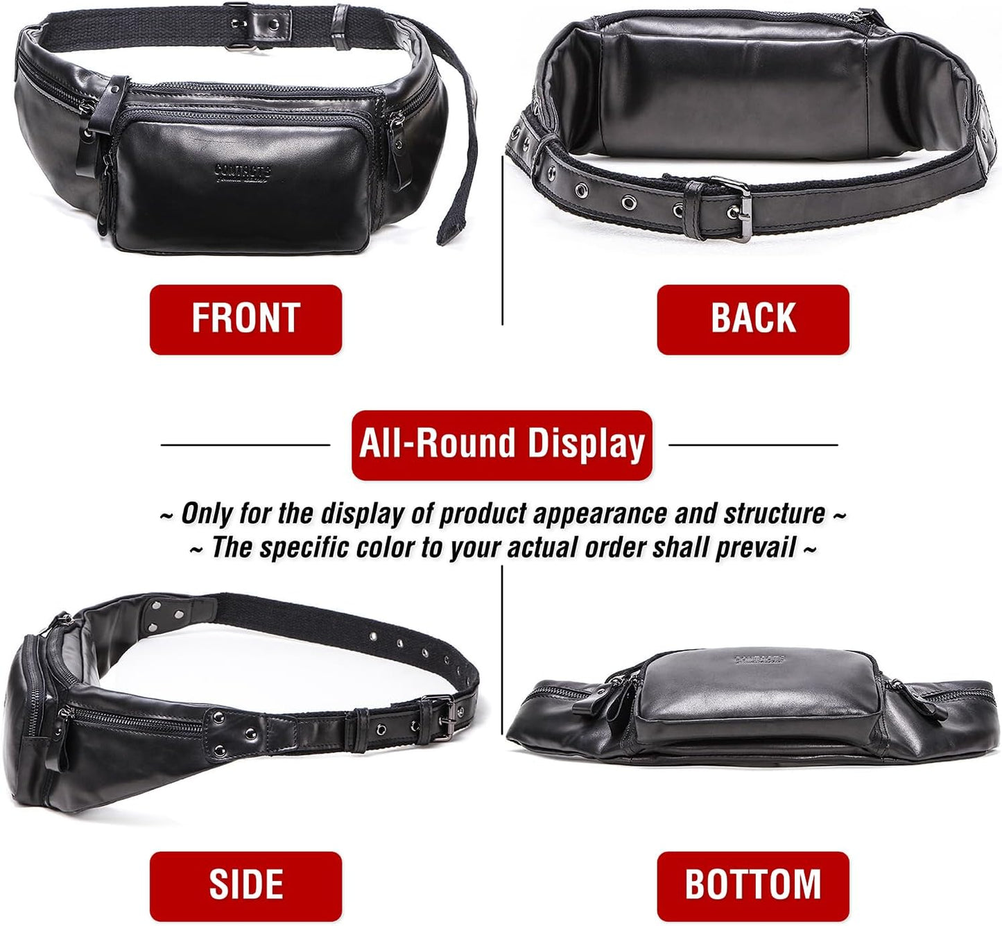 Top Grain Genuine Leather Slim Waist Pack for Man & Woman, Vintage Design & 4 Zipper Pockets & Adjustable Strap, Handmade, Large Capacity Fanny Pack Crossbody Belt Bag for Travel or Ride, Glossy Black