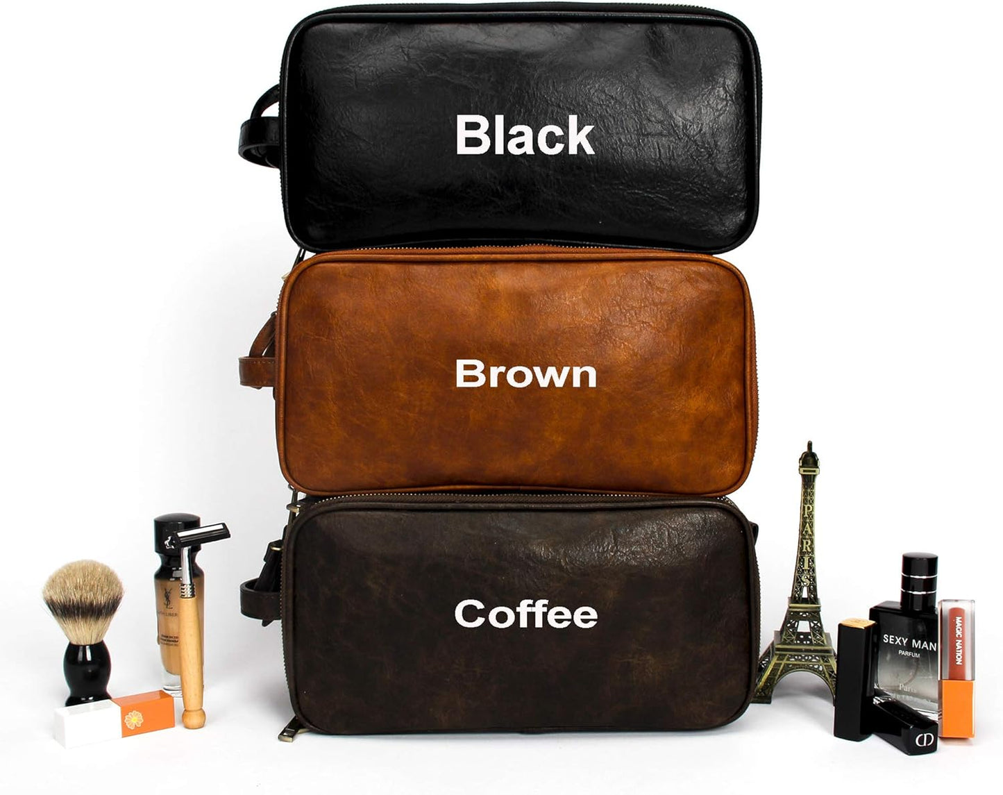 Personalized Leather Kit for Men Travel Toiletry Bag Cosmetic Shaving Bag Brown