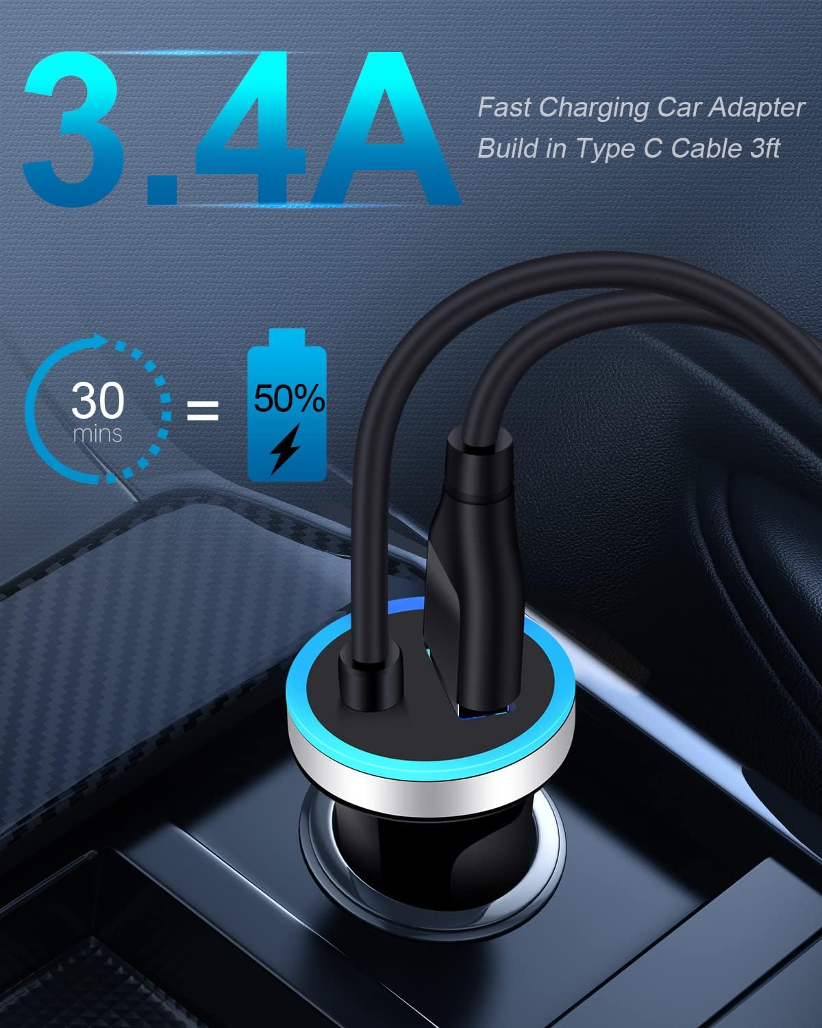 Cell Phone Car Charger for Samsung Galaxy A17 A16 A25 A15 5G A13 A14 A24 A03s S25 S24 S23 Ultra iPhone 17 16e 16 15, USB C Cigarette Lighter Adapter Usbc Cord Fast Charging Typec Cargador Cable Auto
