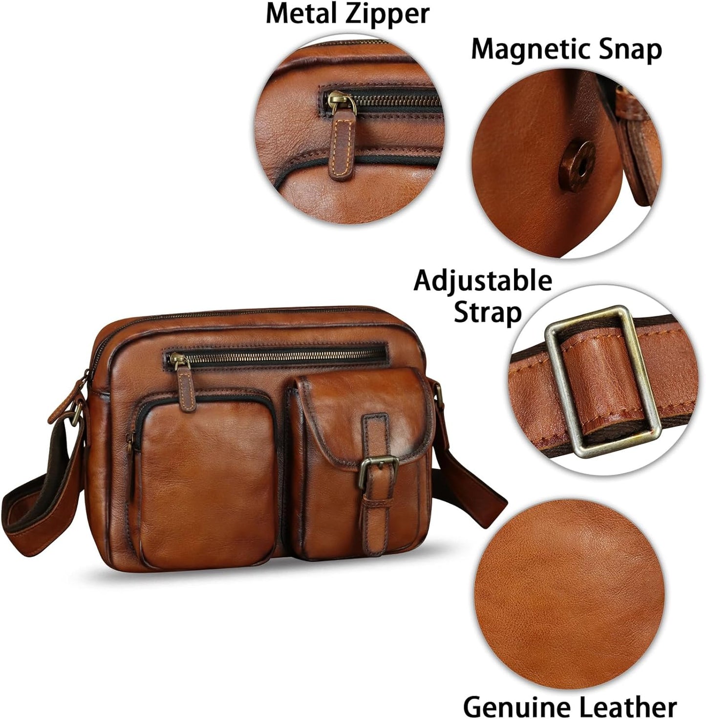 Genuine Leather Purse and Messenger Bag for Men Vintage Leather Shoulder Bag Briefcase Crossbody Satchel Bags with Strap