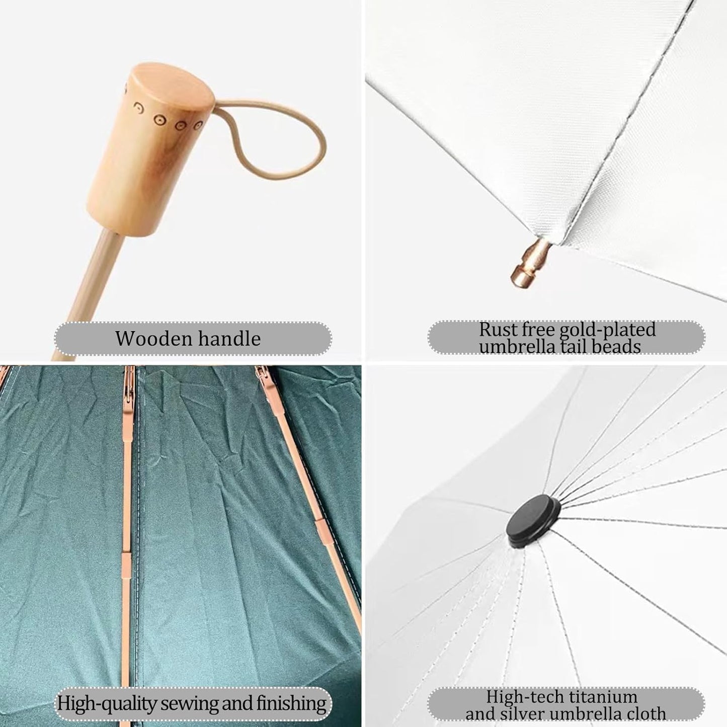 Folding umbrellas for rain and sun UPF 50+ UV Protection Windproof waterproofing and Strong Travel Essentials for Men Women 16 Ribs Wooden Handle Compact Umbrella Dark Green