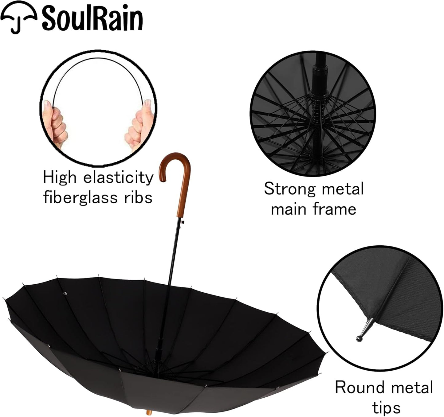 SoulRain 16 Ribs 48" Stick Umbrella Auto Open Solid Color Fashionable and Simple,Arc Classic Wood Handle,Windproof Unbreakable Stick Rain Umbrella