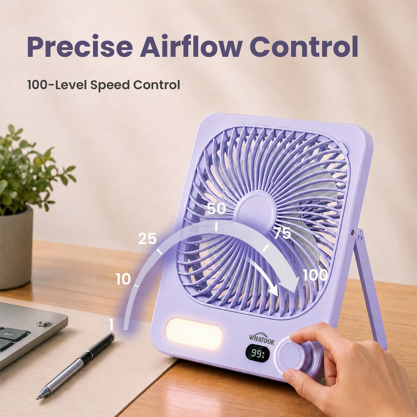 WHATOOK 10000mAh Battery Powered Fan Up to 40H Runtime, Ultra-Slim 8-Inch Portable Travel Fan with
