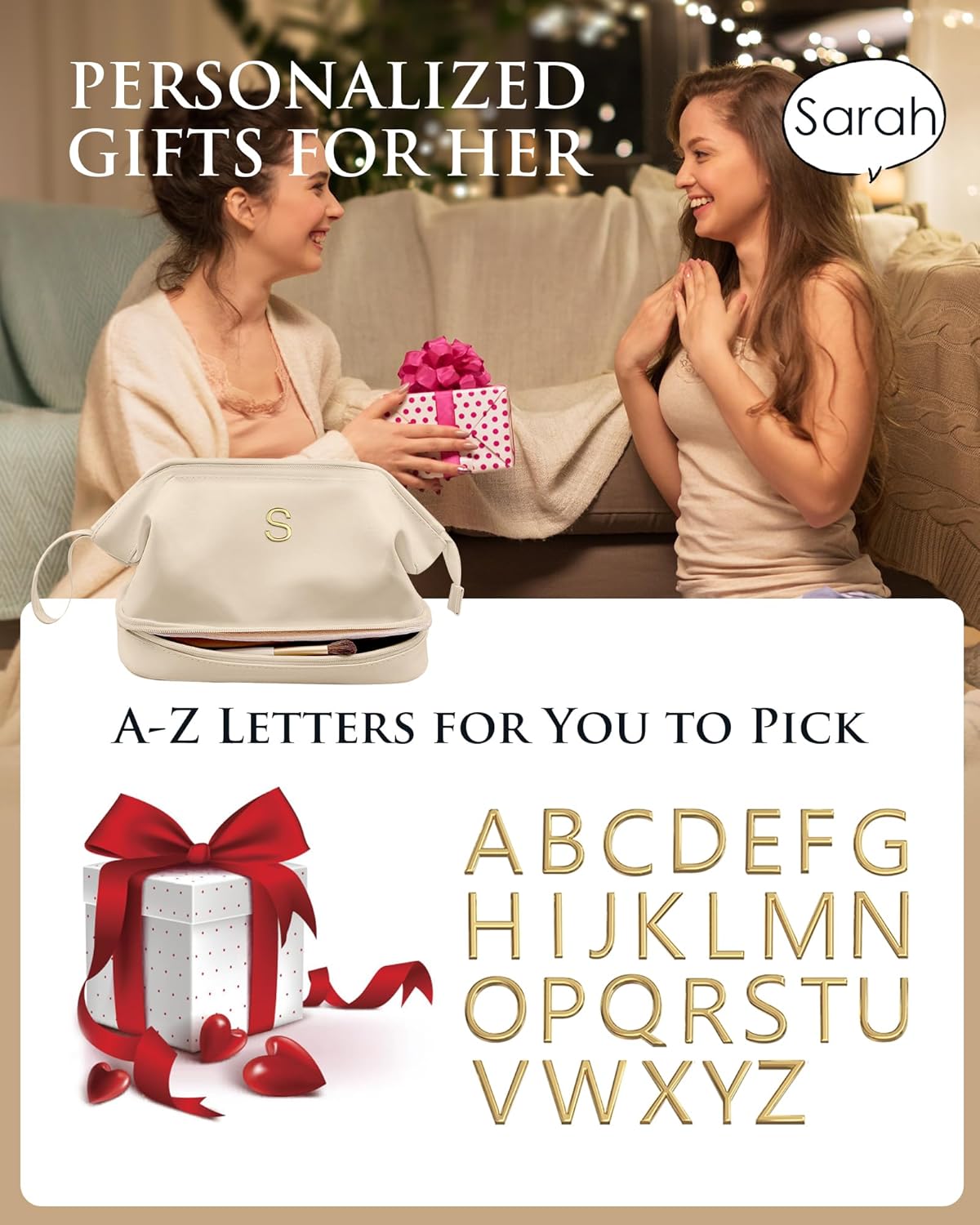 Gifts for Her - Initial Large Makeup Bags, Personalized Double Layer Cosmetic Bags with Makeup
